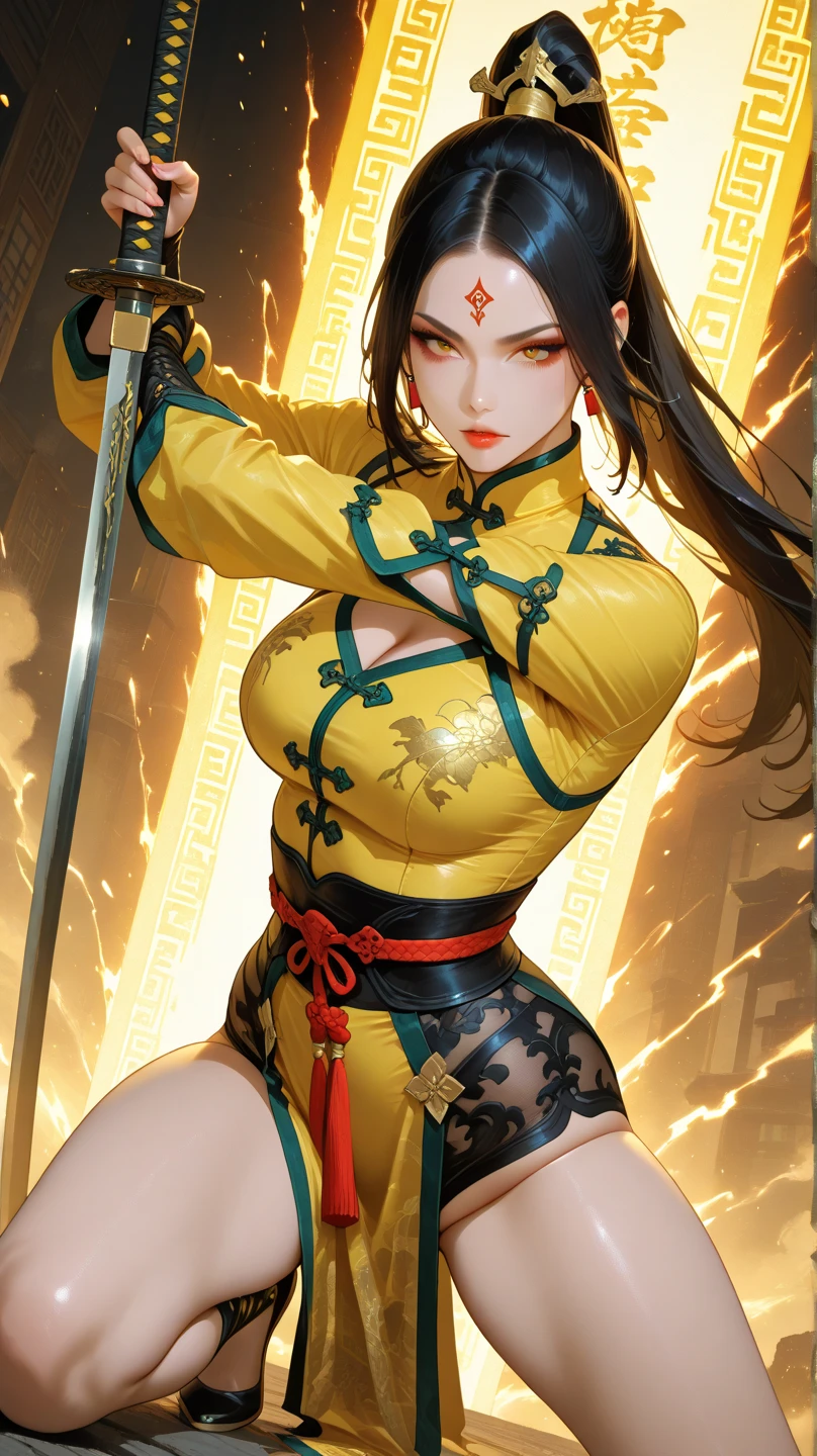 a close up of a strong amazon woman in her 30's, with orange eyes and blonde hair, wearing a black and orange ball gown dress, a heroine with orange eyes, martial artist holding polearm, standing in a chinese temple, new costume concept design, in the style of blade and soul, full body character concept, detailed character design, inspired by Yang Jin, inspired by Li Mei-Shu, chinese costume, inspired by Lan Ying, inspired by Sim Sa-Jeong, inspired by Li Tang, lunar themed attire, costume with blue accents, inspired by Ju Lian, colored concept art, highly detailed character design, highly detailed face, inspired by Ai Xuan, very highly detailed face, unreal engine render, final fantasy 14 style, inspired by Leng Mei