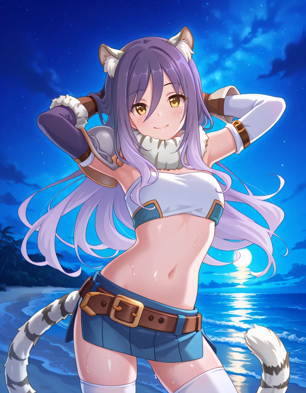 shiori, long hair, hair between eyes, multicolored hair, purple hair, light purple hair, yellow eyes, tiger ears, tiger tail, scarf, tube top, single shoulder pad, fur trim, midriff, elbow gloves, fingerless gloves, brown belt, blue skirt, white thighhighs, shiny skin, solo, night sky, beach, armpits, hands behind head, sexy, ((contrapposto)), closed mouth, cowboy shot, looking at viewer, smile, best quality
