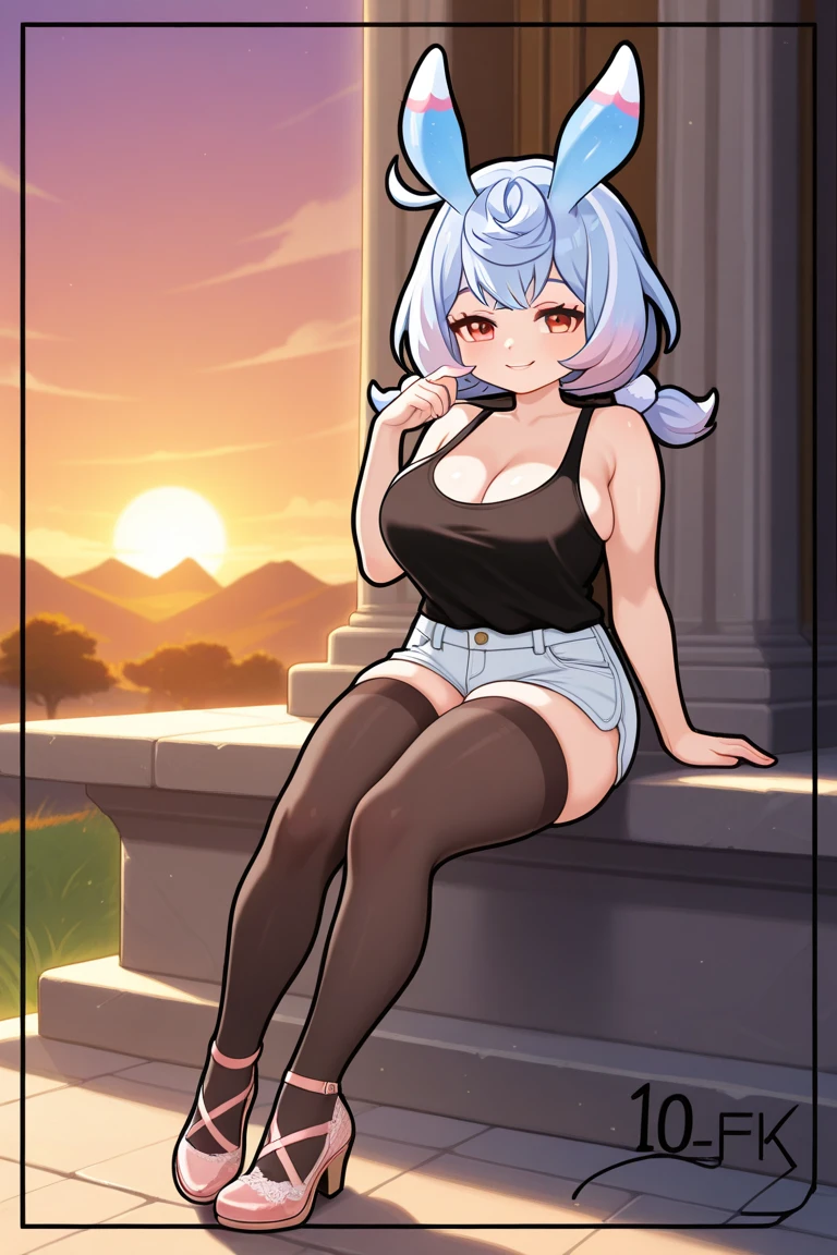 SFW, Female Full body standing straight symmetrical, looking to the viewer, hands on hips, peace sign, A woman，short detailed hair，ember，white backgrounid，Masterpiece, Best quality, Beautiful, Visually stunning, elegant, incredibily detailed, Award-winning art, 0n1, Red skin, oni horns, their, Red them, Colored skin, metal sandals