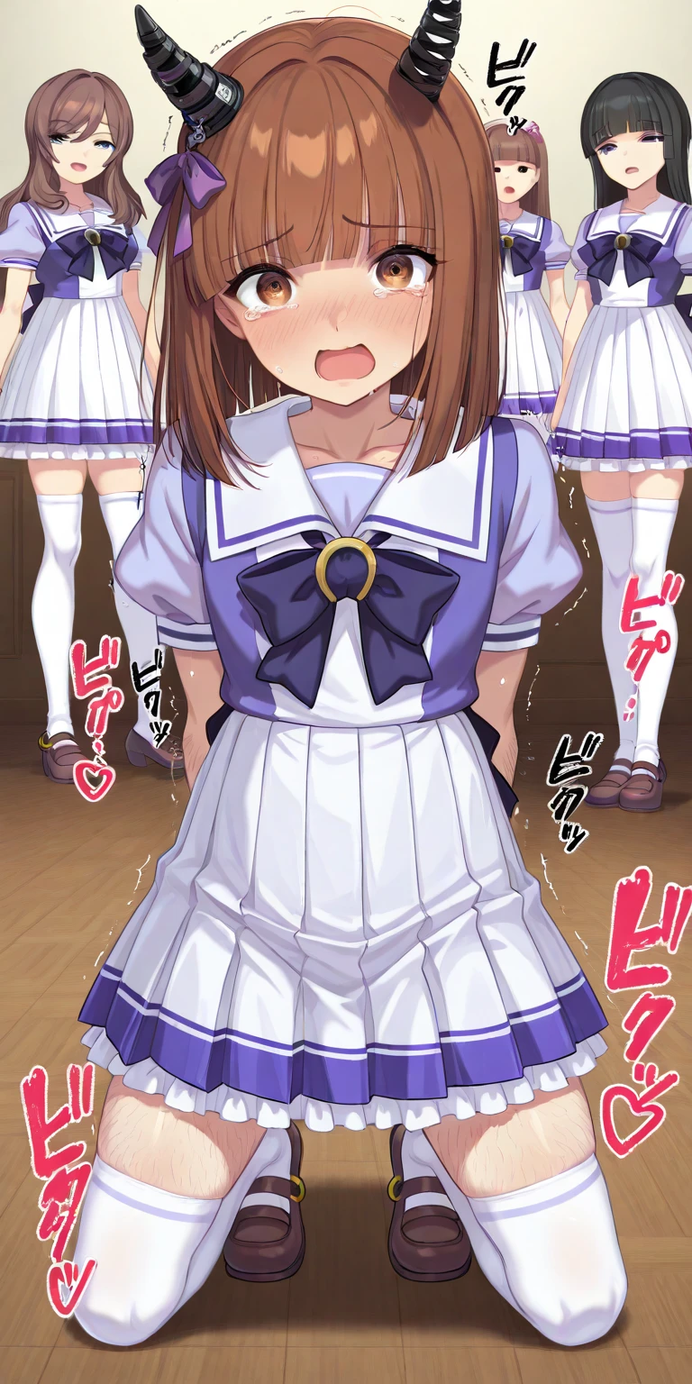 masterpiece, Highest quality, Nico_Yazawa,High resolution, 1 Girl, alone, Brown Hair, short hair, Twin tails、Purple eyes, , , (Cleavage)、(Beautiful thighs), Carrying a red backpack, (randoseru backpack:1.2) Sweaty、Thick thighs、Highest quality、4K、1girl, 8years old, loli, cute, grin, 、School Swimsuit、on the train、、、Thick thighen holding their penises and surrounding girls、Semen from the penis、Bukkake、Bukkake、(Bukkake)projectile cum、Blowjob、Lots of spectators、Ahegao、low length
