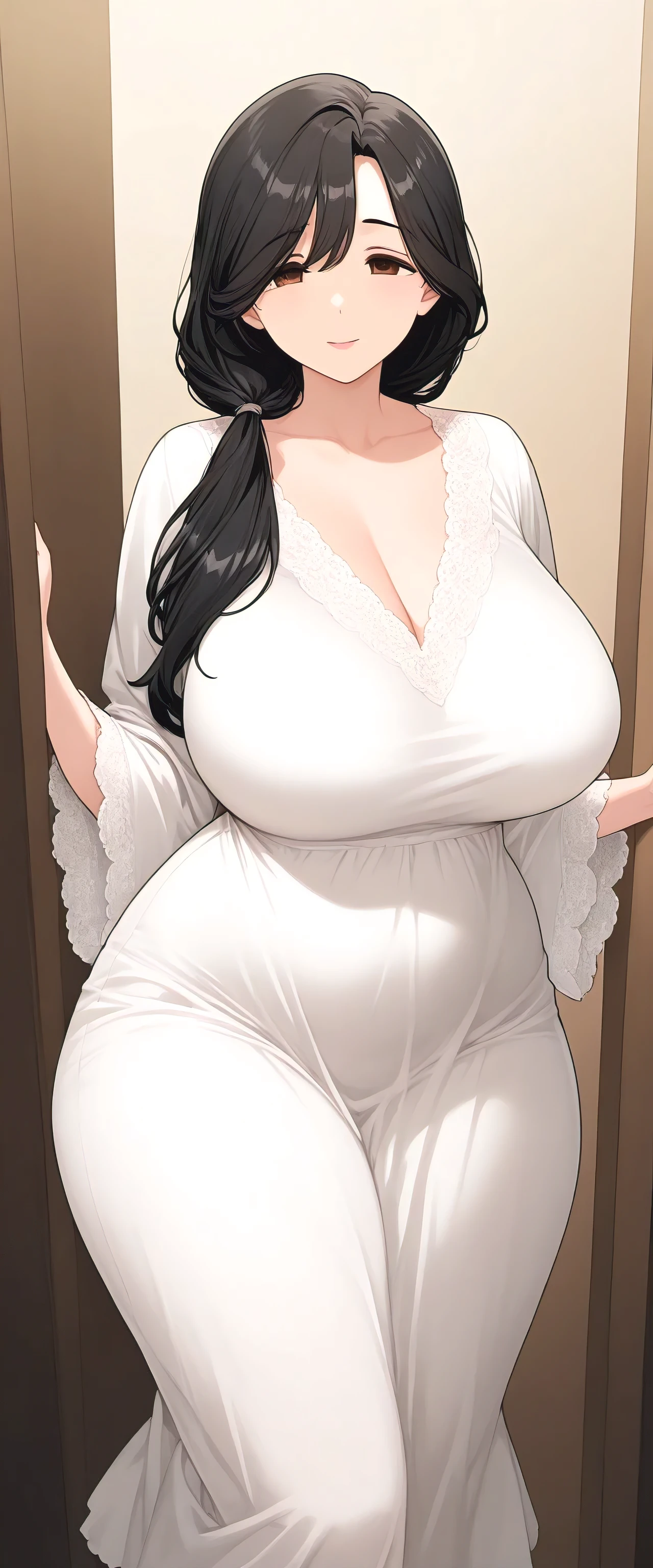 a pregnant woman in a dress, Oppai, Oppai proportions, com seios grandes, com seios grandes, fanart de marin kitagawa, ela tem uma barriga redonda e gorda, hinata hyuga,pregnant belly, seios grandes!, corpo inteiro altamente detalhado