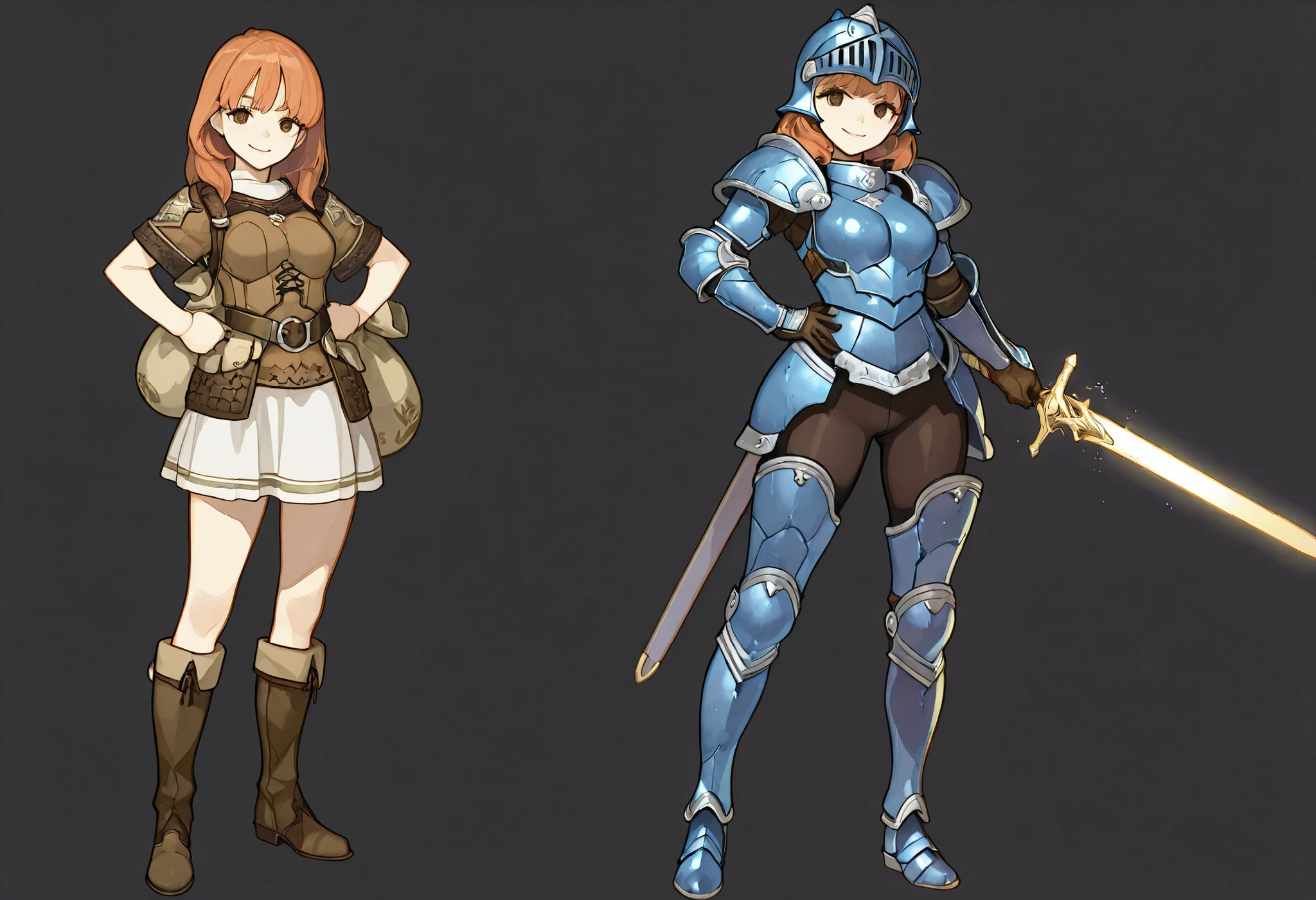 anime art, masterpiece, best quality, girl, woman, highres, 1girl, casual pose, smiling, woman, masterpiece, best quality, amazing quality, very detailed, high details, very detailed skin, high resolution, mercenary, fighter, fantasy art, warrior girl, knight, female, average breasts, orange hair, brown eyes, pale body, blue armor, sword, thicc, heavy boots, blue plate armor, Enchanting Eyes, simple background, metal armor, heavy boots, soldier, money bag, magic sword, standing proud, confident pose, smiling, helmet, human, solo, paladin, holy solider, skirt, very thick, very thicc, humanoid, clean appearance, shiny, holy symbols, tight fitting clothes, metal boots, full body art, entirely in image, FE-Sh4d0ws, hips, blue and brown armor, steel trim, sword ready,
