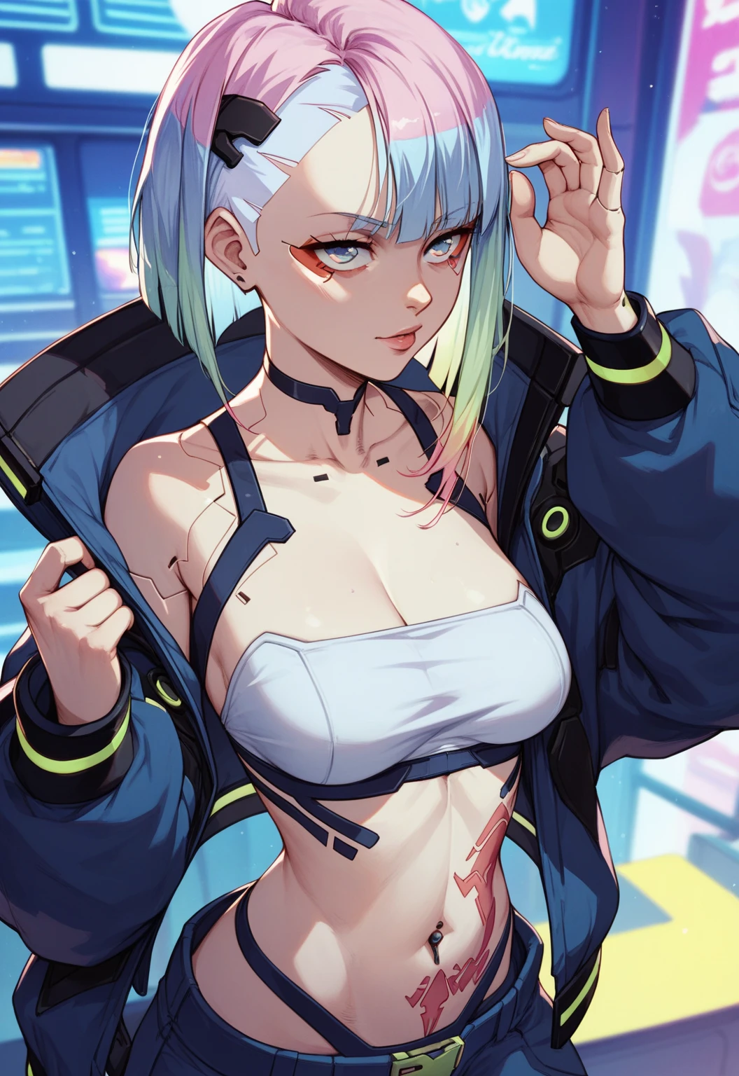 (tomboy woman DJing on turntables on stage at EDM festival:1.3), EDM event lighting effects, on stage in front of crowd, giant futuristic screens in background, neon room, (white cropped jacket:1.1), (vivid glowing blue eyes:1.2), (white hair:1.2), (cyan streaks in hair:1.2), high ponytail, (cocky smirk:1.2), (abs:1.2), rave lights, (lasers in background:1.2), glowing light strips on clothes, slim build, looking at viewer, giant speakers in background, beautiful glossy reflective detailed eyes, (high leg panties:1.2), (white cargo pants:1.3), (thin straps over hip bones:1.3), (hip straps:1.3), (side shave:1.3), (undercut:1.2), defined hip bones, cleavage, lean