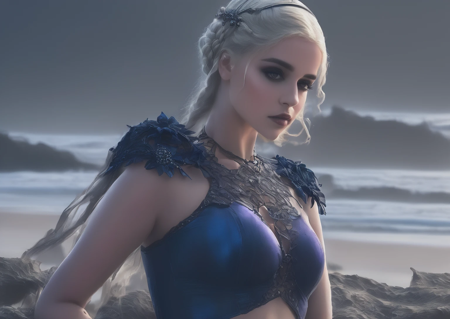 Generate an image of a sexy and serious Daenerys Targaryen with a spectacular body in a scenario that mixes future and medieval aesthetics, com um castelo high tech ao fundo, noite, arte hiperrealista em 4k, noite, lua cheia gigante e aurora boreal, a dragon in the background breathing fire, Daenerys with serious expression
