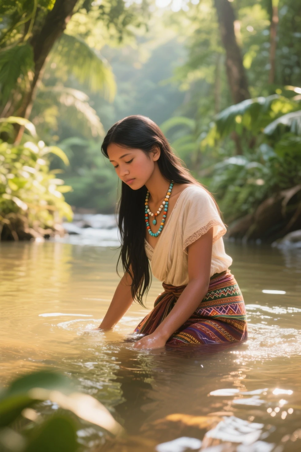 An Indonesian woman is bathing in a river, wearing white clothes, wet hair, wet clothes, water splash effect, shadow effect, full effect, Indonesian forest background