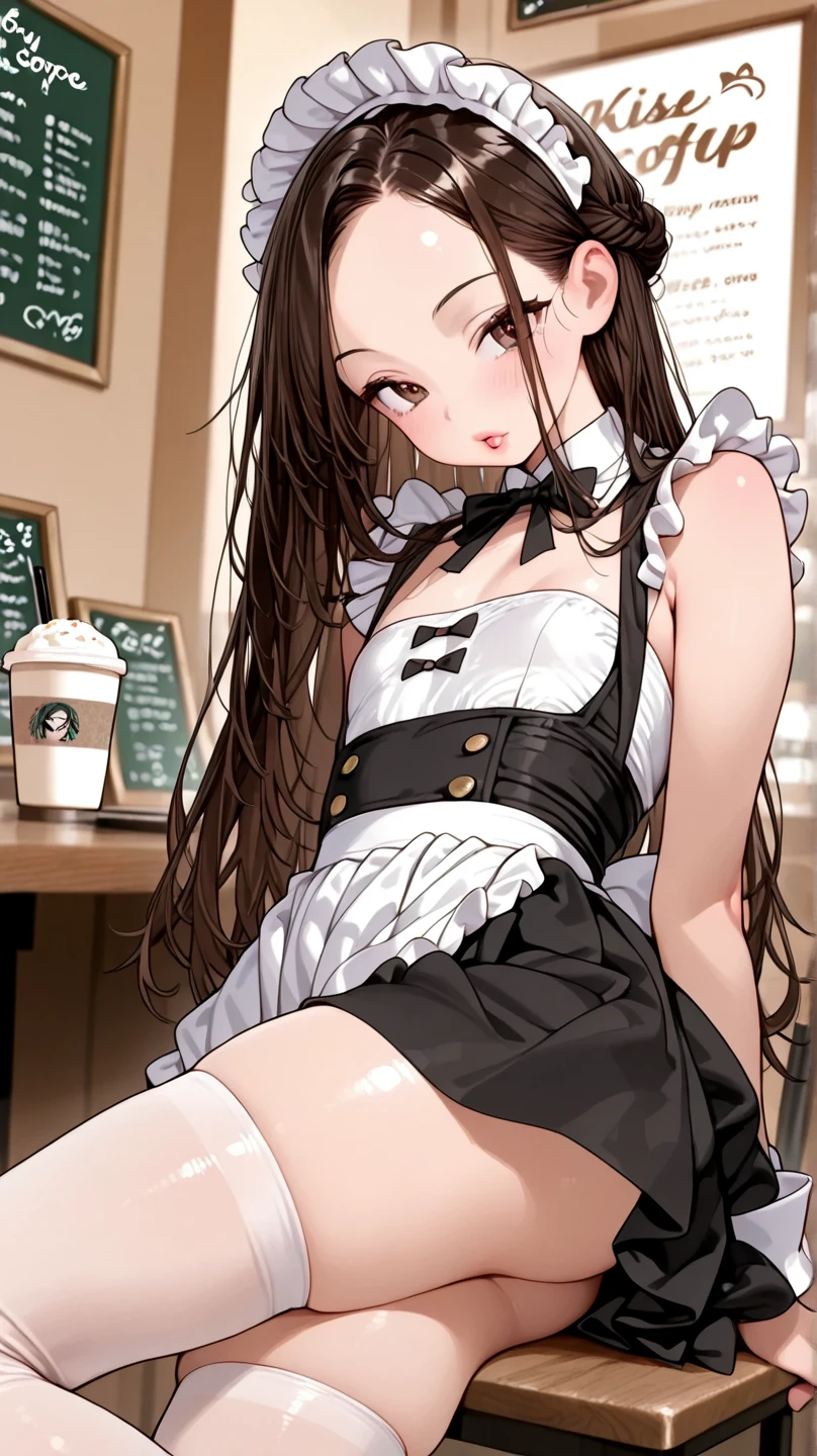 13 years old tiny girl with skinny body and flat breasts wearing white short dress and stockings, sitting in a coffee shop showing her striped panties