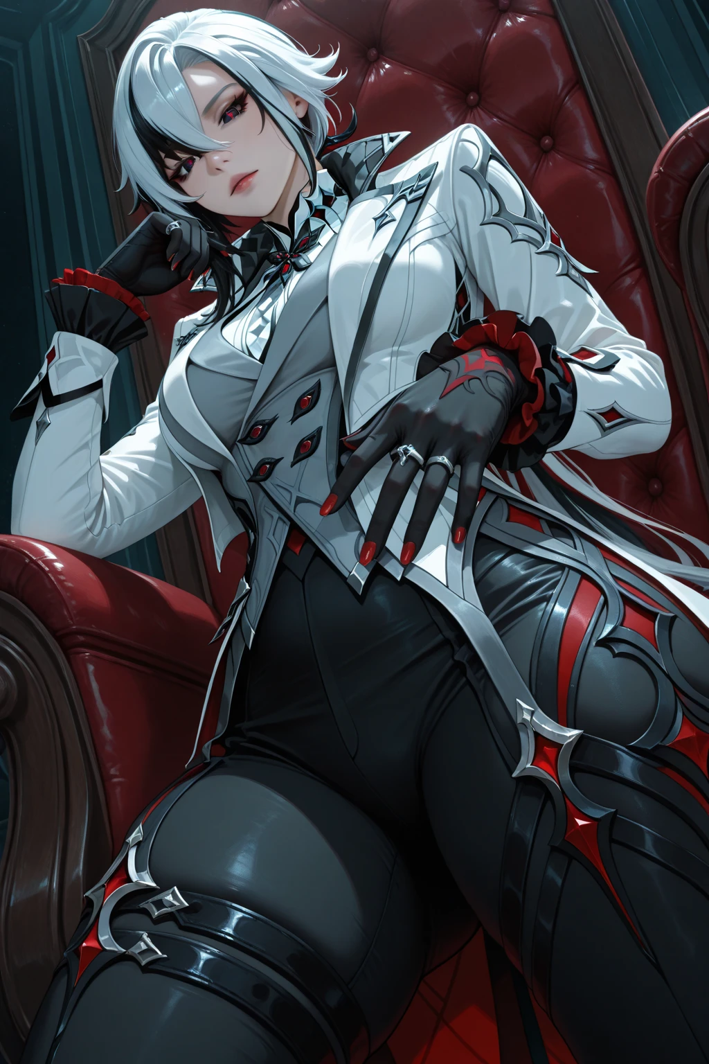 best quality, masterpiece,lora:arlecchino_new:1>ï¼parted_lips, sidelocks, turtleneck, black_gloves, x-shaped_pupils, :d, looking_at_viewer, highres, english_commentary, finger_to_mouth, index_finger_raised, solo, 1girl, arlecchino_\(genshin_impact\), long_sleeves, absurdres, sitting on a chair, legs crossed