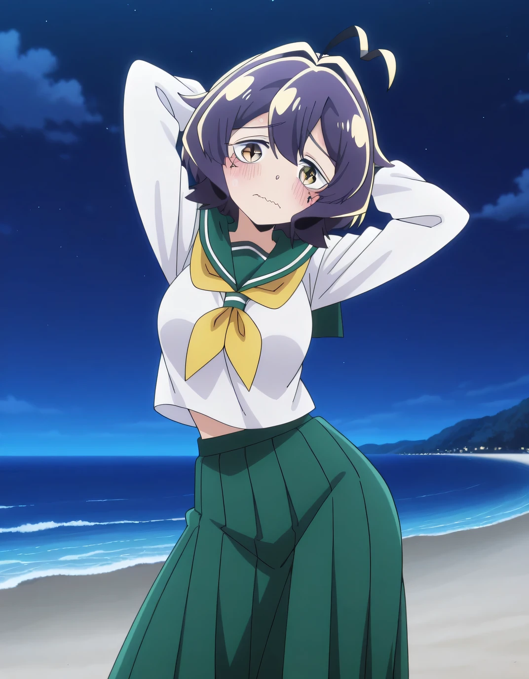 EBBaiser, medium breasts, purple hair, ahoge, bangs, short hair, yellow eyes,
white shirt, green sailor collar, green pleated long skirt, long sleeves, yellow neckerchief, school uniform, serafuku,  anime screencap, shiny skin, solo, night sky, beach, hands behind head, ((contrapposto)), closed mouth, cowboy shot, looking at viewer, wavy mouth, blush, shy, best quality