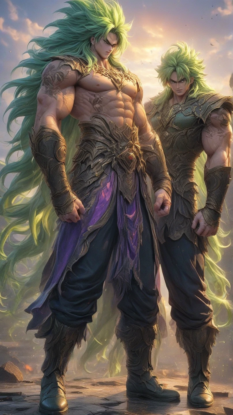 Concept Art, "1 Couple, Handsome Boy", an ultra-detailed and stunningly beautiful CG illustration depicting a sultry green man-wolf with purple hair, sharp green eyes, standing tall in shorts. Gorgeous green fur and yellow dotted on the belly, tail and fur, this animal-like beauty exudes sensuality in every pose, breathtaking rendering, within radiant connections, multiplayer interaction, magical elements, gorgeous, casting colorful spells, bright flashes,