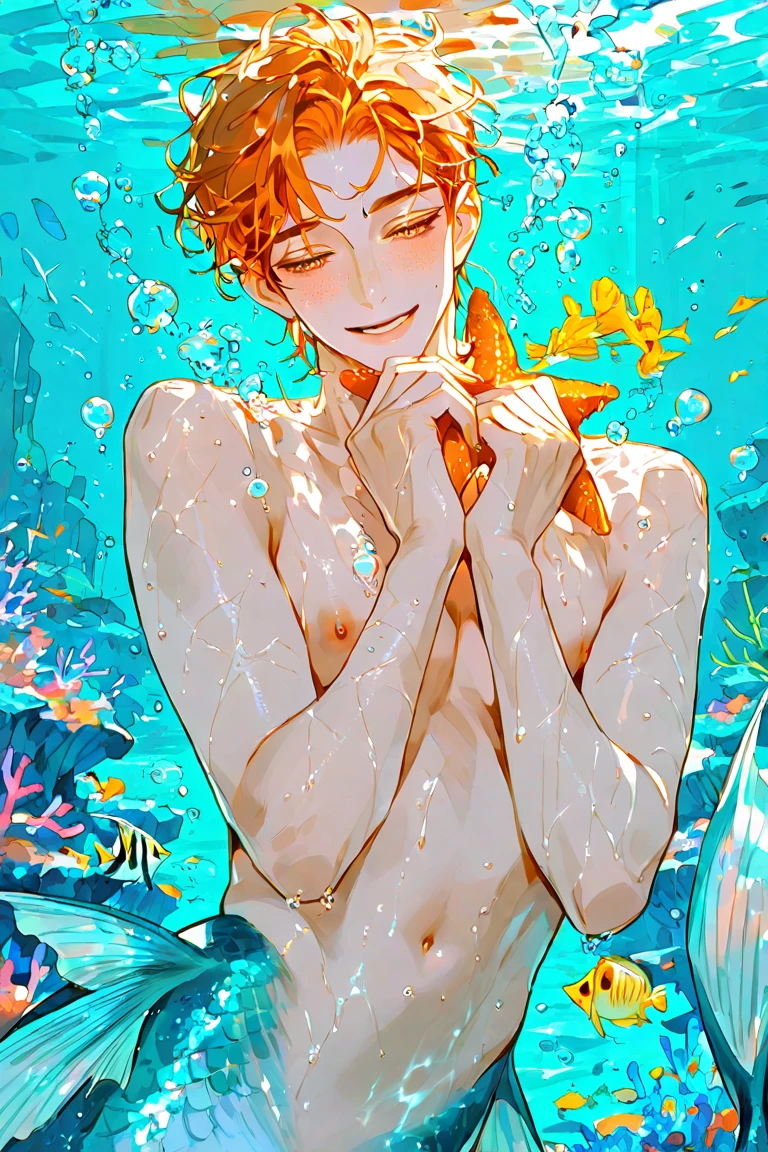 solo, The Q version of the cute human, male, falu red hair, freckles, short hair, round eyeglasses, big eyeglasses, human ears, floating underwater, swiming underwater, moving his little legs, stroking, sunflower garland above his head, smiling, cute, underwater background, underwater scene, water, naked, nude, full body, small balls, small penis, flaccid penis, shorstack, chubby,