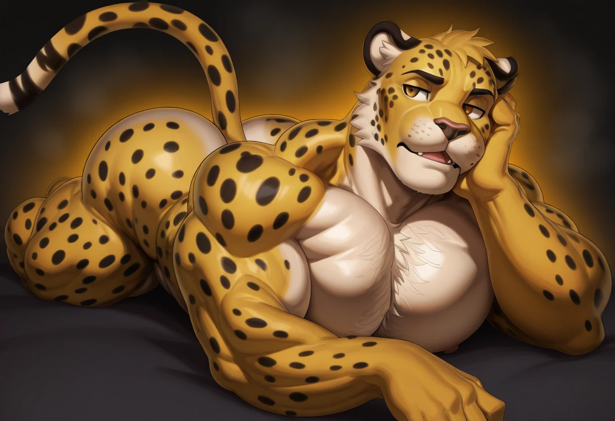 (Best Quality,4k,8K,hight resolution,Masterpiece:1.2),Ultra-detailed,(Realistic,Photorealistic,photo-realistic:1.37),Anthro Cheetah,y,Charming eyes,seductively posing,flowing,shimmering fur,long tail,Exquisite facial features,Hands and claws are meticulously depicted,alluring expression,inviting smile, lips,enchanting gaze,luscious lips,Feminine curves,bright colours,Rich textures,golden yellow fur,Intricate decorations,bedroom,Orange lighting,Soft ambient lighting,Reflections on polished surfaces,Seductive atmosphere,Subtle shadows,atmospheric perspective,dramatic composition,An intimate setting,Lush décor,Romantic aura,Exquisite attention to detail,powerfull, but graceful,Mesmerizing presence, Female cheetah, fat, fat belly, fat thighs, fat arms, lovehandles, bigilver eyes, golden yellow fur, black cheetah markings, silver earrings, silver bracelets, silver rings, silver necklaces