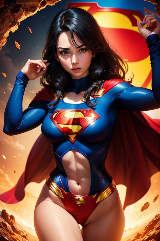 Hinata Hyuga, Extremamente Realista, extremamente sexy, muito linda, Superhero Supergirl, terno Supergirl, capa vermelha, S do super-homem no peito, blue swimsuit, Red skirt, botas vermelhas, bunda grande, pernas grossas, 8K, Extremamente linda, rosto lindo, White eyes, olhos detalhados, boca detalhado, nariz detalhado, rosto detalhado