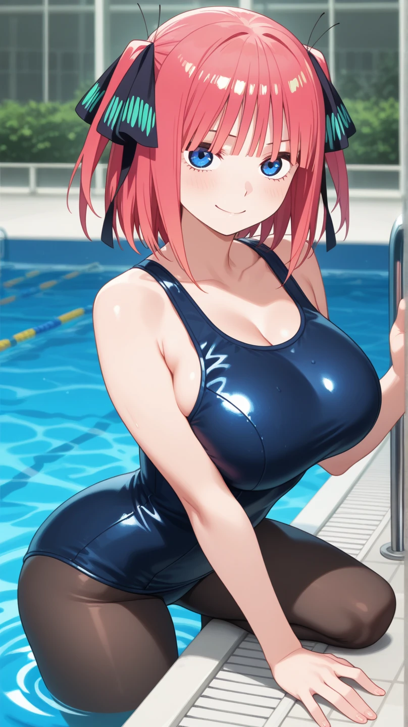 best quality, insanely detailed, nino nakano, black swimsuit, breasts, blush, swimming pool background, smile, pussy, highleg leotard