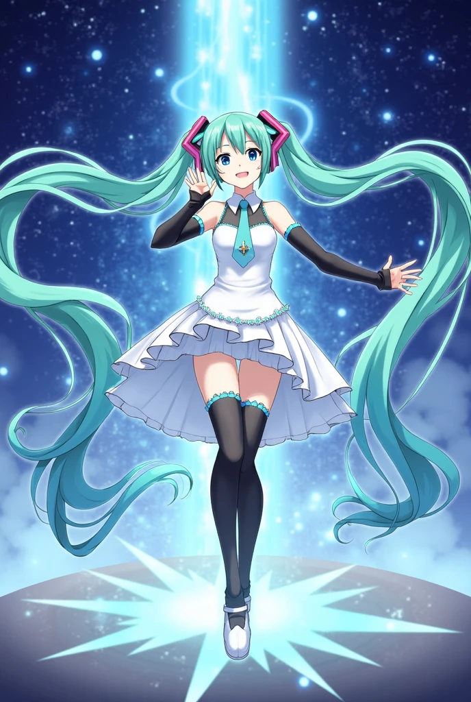 1girl, long hair, solo, hatsune miku, barefoot, twintails, very long hair, gradient hair, multicolored hair, nail polish, skirt, toenails, toenail polish, simple background, smile, standing on one leg, purple hair, white background, aqua hair, full body, bare shoulders, leg ribbon, standing, green hair, feet, ankle ribbon,<lora:Yabuki Kentarou:0.8>