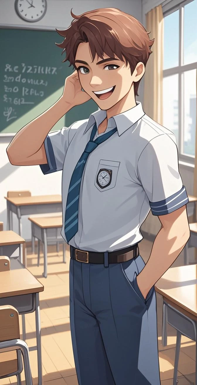 (1 Adult male),A high resolution, Sharp focus, Pixiv masterpiece, ((Complicated details)), highly detailed, natsuki_subaru, 1 man, Lazy,CRIT,full bodyesbian,Stretch out, blue color eyes(eyes glowing), Short yellow hair,white shirt,Wear a tie,Wear a belt,perspire,rain,Drenched,Sweaty crotch,look from down