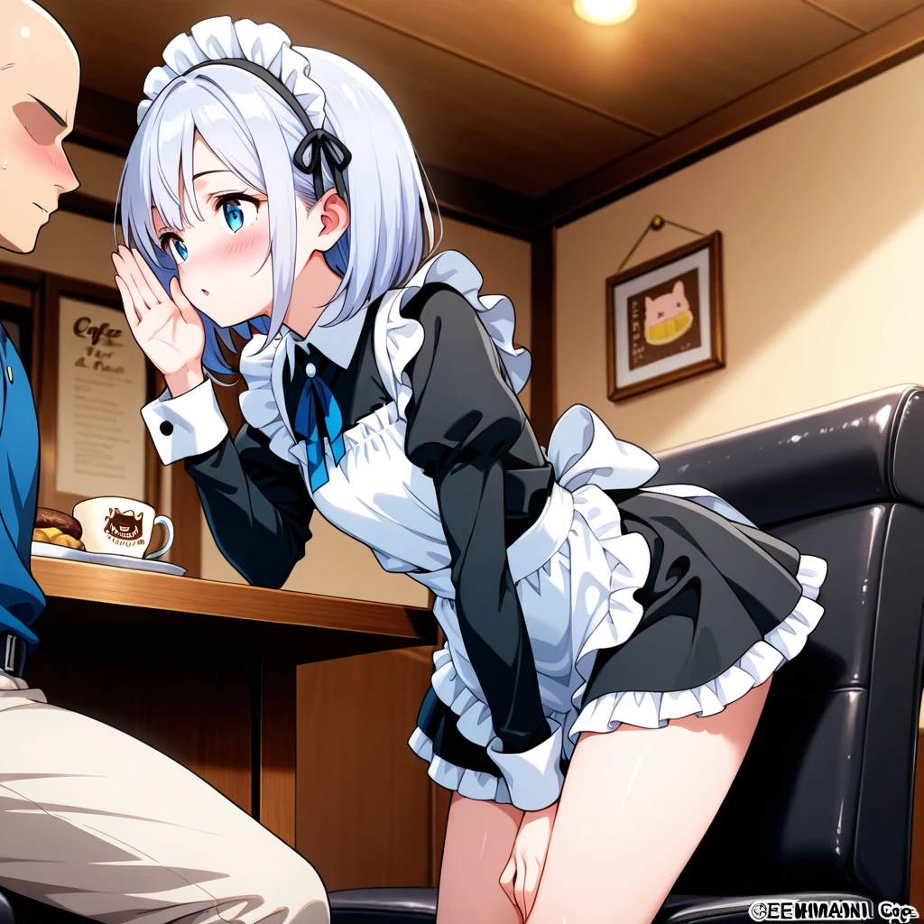 Nsfw,clothed,(((1girl,1boy,sex from behind, imminent vaginal ))),masterpiece,perfect anatomy,detailed face,detailed skin,detailed eyes,shiny skin,shiny lips,highest quality,.syr Flova, gray hair, syr,maid headdress, green long dress,(((long skirt ))),apron, smile, Happy, bar, Shoulder bag,kneeling ,slender,white lace panties,white garter belt ,white pantyhose,clothed,
