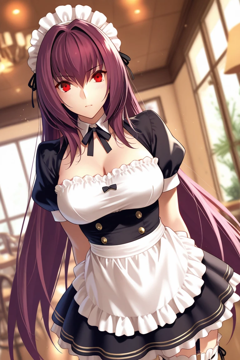 best quality, masterpiece, highres, solo, {maid:1.40}, {long maid dress:1.15}, {scathach_fgo:1.15}, long_hair, purple_hair, red_eyes, breasts, large_breasts, bangs, hair_between_eyes, hair_intakes