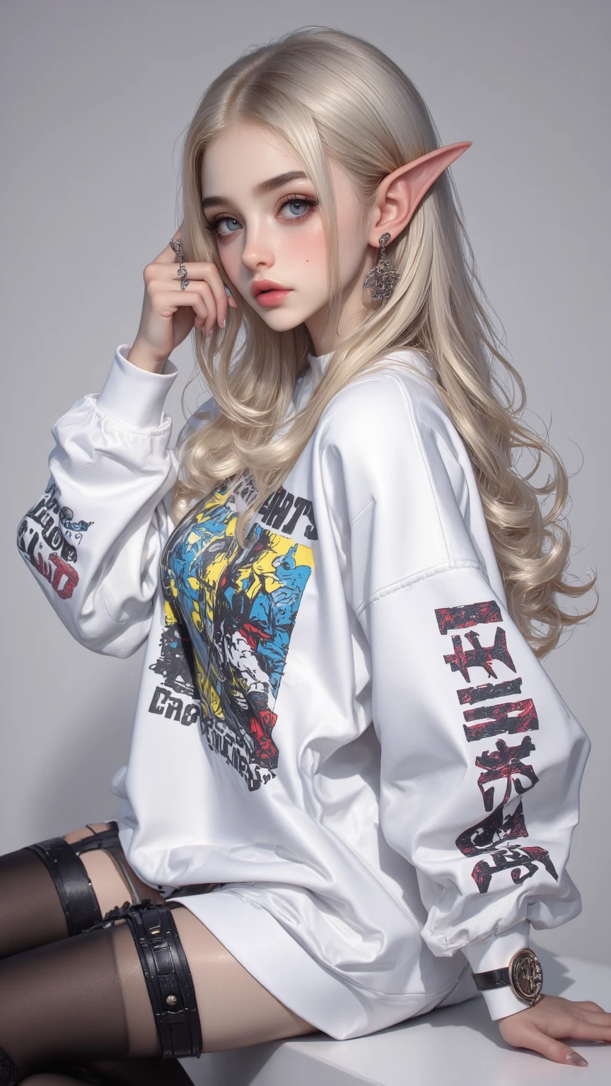 photorealistic, high resolution, 1 women, solo, hips_up, hips up, beautiful eyes, look at viewer, close lips, detailed face, white hair, long hair, colorful clothes, street wear, sneaker