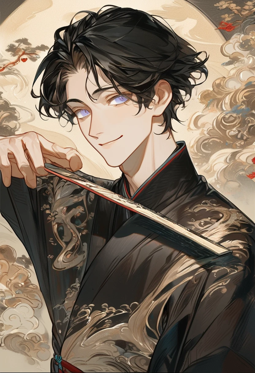 black hair, Surrealism, 8k, super detail, UHD, masterpiece, accurate, anatomically correct, textured skin, super detail, high details, high quality, award winning, best quality
"A confident, handsome young man with dark hair, slightly messy, wearing a stylish, colorful suit with a unique, intricate pattern. He has a mischievous smile and a sharp, intense gaze with one red eye. The background is a surreal, vibrant setting with abstract shapes and patterns, including coiled serpents and stained-glass elements."