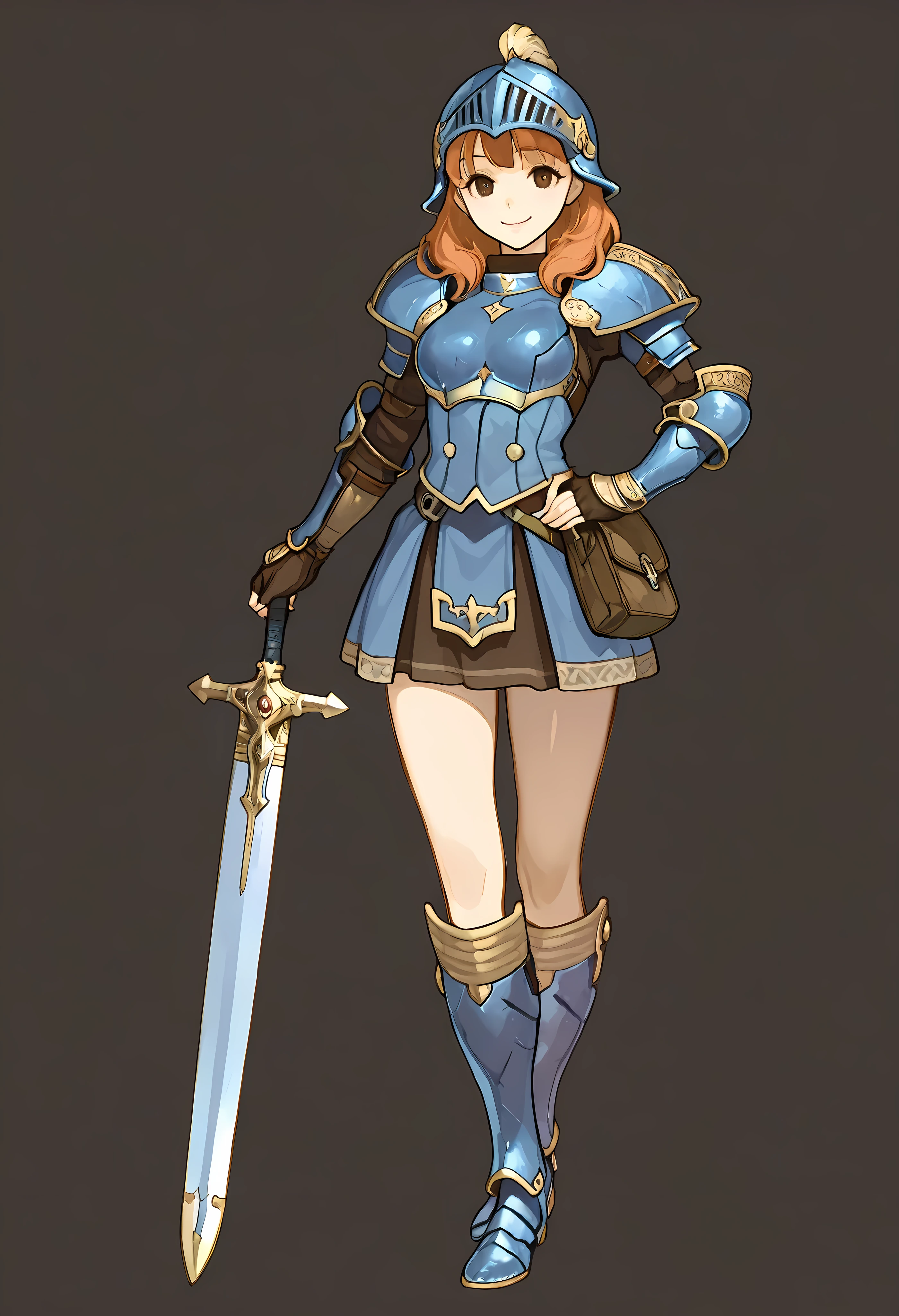 anime art, masterpiece, best quality, girl, woman, highres, 1girl, casual pose, smiling, woman, masterpiece, best quality, amazing quality, very detailed, high details, very detailed skin, high resolution, mercenary, fighter, fantasy art, warrior girl, knight, female, average breasts, orange hair, brown eyes, pale body, blue armor, sword, thicc, heavy boots, blue plate armor, Enchanting Eyes, simple background, metal armor, heavy boots, soldier, bag of gems, blessed sword, standing proud, confident pose, smiling, helmet, human, solo, paladin, holy solider, skirt, very thick, very thicc, humanoid, clean appearance, shiny, holy symbols, tight fitting clothes, metal boots, full body art, entirely in image, FE-Sh4d0ws, hips, blue and brown armor, steel trim, sword ready,