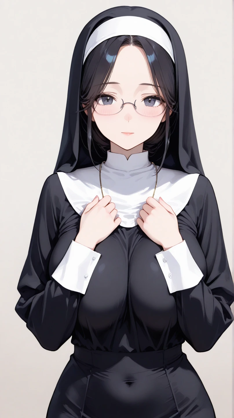 (1 girl:1.3)、solo、__body parts__、official art、unity 8k wallpaper、super detailed、Cosmetology and aesthetics、big breasts beautiful、master piece、best quality、fantastic atmosphere、calm color palette、feeling calm、soft shades、sexy nun、 ((((giant glasses, otaku glasses, thick glasses, round glasses)))),(((big breasts)))、charisma spell、vignette、Duties of a nun、look at the camera，light smile，the biggest：1.4