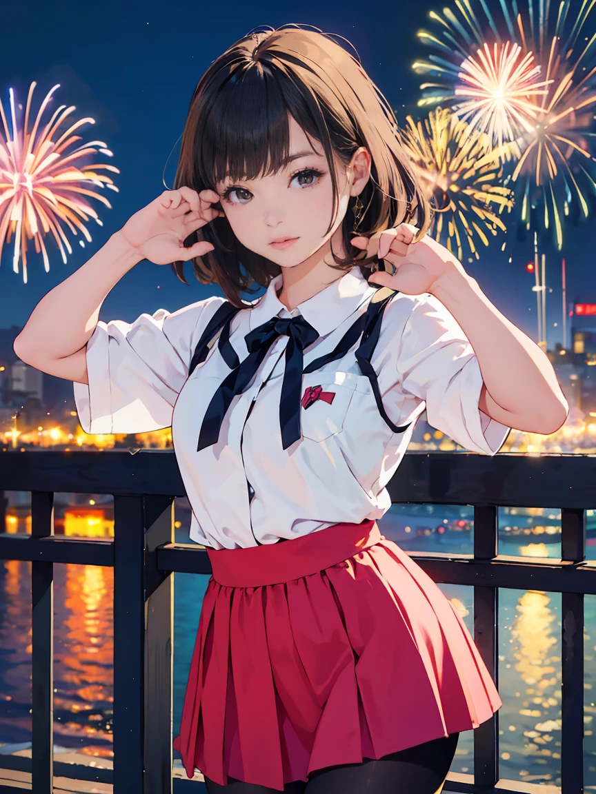 (absurdres, masterpiece, best quality, ultra detailed, detailed background, cinematic lighting, angled from below), (wide sky filled with many colorful glossy fireworks:1.4), (beautiful anime face, long eyelashes, detailed brown eyes), (voluptuous perfect toned lean kawaii 1girl, narrow waist), brown hair, long wavy hair, (wide ponytail, cute bangs, parted bangs), (red eyewear, semi-rimless eyewear), (massive enormous gigantic heavy huge hanging long breasts, cleavage), (bighead, short body, round face), (face closeup, leaning forward:1.4), school uniform, bowtie, (wet see-through short-sleeve blouse, downblouse), (short pleated skirt), (twilight dusk evening), looking at viewer, (flushed, heavy breathing, exhausted, parted lips), beaming smile, naughty grin, translucent watercolor painting, ultrasharp focused, highlights, dreamy ambiance, mesmerizing, <lora:deluster1:-1.0>