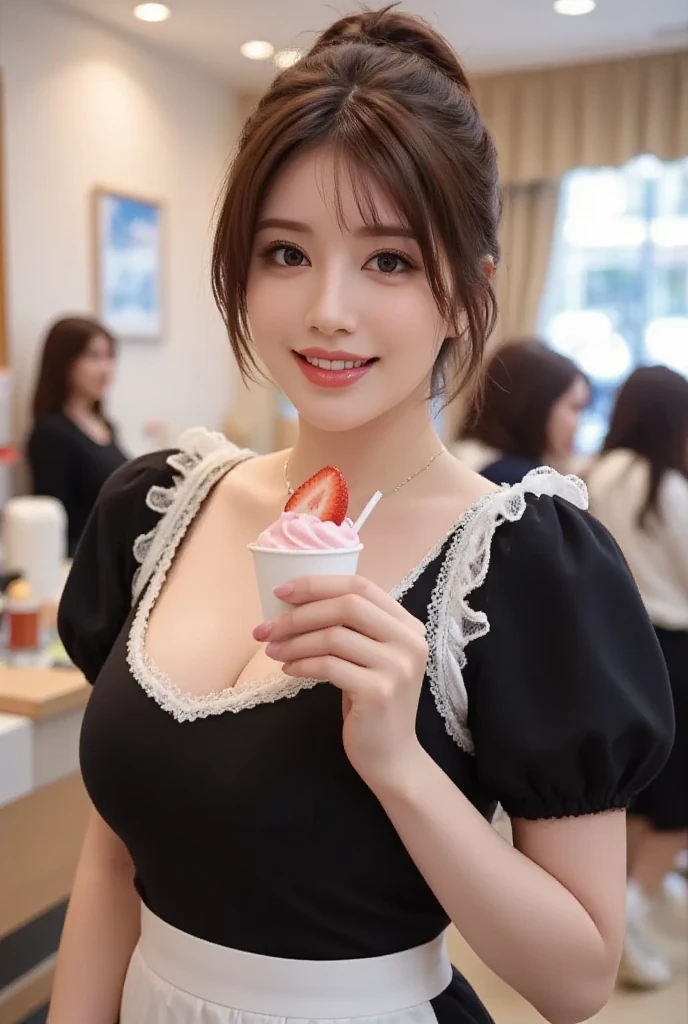table top、High resolution、Ice cream shop、Ice cream shop店員、26 years old、１girl clerk、look at the camera、smile、It turned out as shown in the photo、her skin is white and beautiful、long hair、huge boobs、