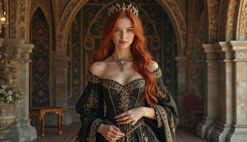 (masterpiece, best quality:1.5), highest quality, High resolution, super detailed, Realists, Upper body photo of a red-haired sorceress, detailed and beautiful eyes, beautiful detailed lips, very detailed eyes and face, longeyelashes, shiny satin dress, Holding a magic wand in your hand and performing a transformation spell (Magic wands present and shining) Beautiful and colorful makeup, elegant and noble々The jewelry bag, Gardens as background, soft daylight, bright colors, fine brushstrokes, Portrait style, Silk dress fabric, beautiful color palette, glowing skin, First-class rendering, that captures every detail, enchanting atmosphere, subtle shadows and lights, (perfect anatomy:1.2), (The two stunning magicians transform dresses) (a transformation):1.4), (magnificent panorama view:1.2)