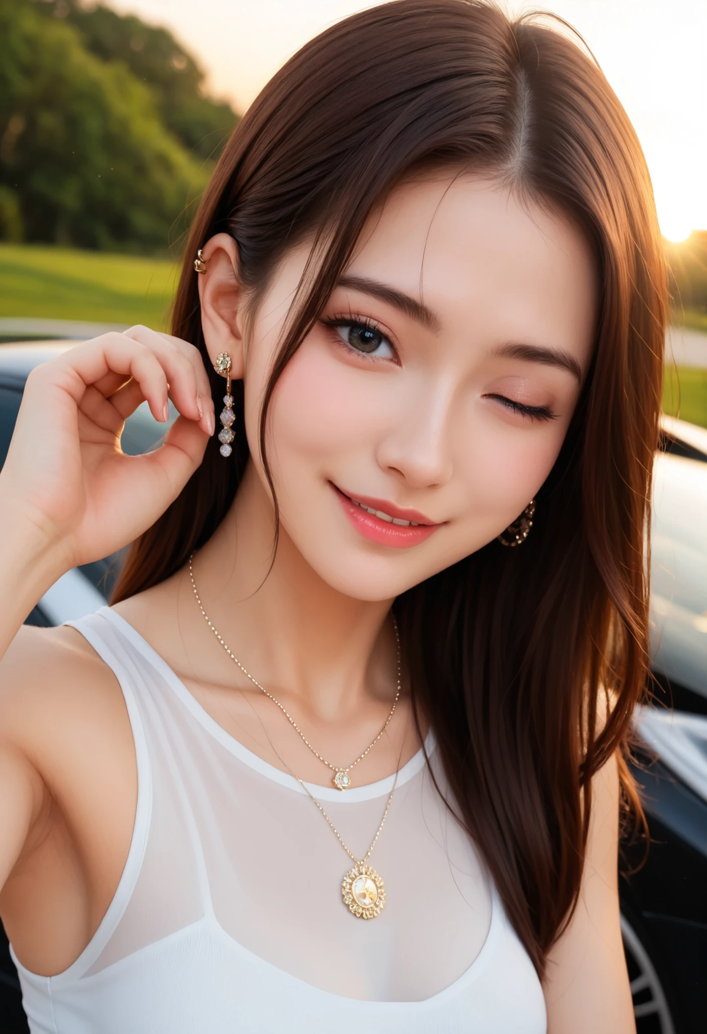 (masterpiece, best quality, perfect face:1.4), wide angle, Close-up face, medium breasts, proportional body, proportional,1 girl, beautiful hair, beautiful face, beautiful detailed eyes, beautiful clavicle, beautiful body, beautiful chest, beautiful thigh, beautiful legs, beautiful fingers, looking at viewer, BREAK, white tight blouse, black tight mini skirt, black pantyhose, black stiletto high heels, ear piercing, thin gold necklace, an open roof convertible red sports car is parked on the side shoulder of the hill of a coastal road in the distance, the car is red BMW M4, she is standing on the edge of the road and looking at the sea at sunset, the coast stretches wide down the hill, a hotel is visible in the distance, soft lighting, BREAK, smile, one eyed closed, textured skin, realistic skin, HDR, BREAK, good hands