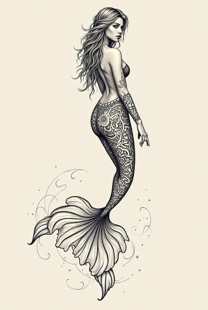 mermaid with long tail, ink sketch, detailed, with jellyfish around
