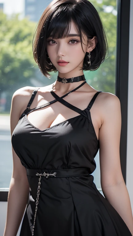 A beautiful girl wearing 2B cosplay、Elegant and charming。That black leotard-like suit is、It faithfully reproduces the characteristic style of 2B.、Highlights her beautiful figure。White hair is cut short like 2B、Blue eyes shine with intelligence。She harmonizes with the autumn landscape、It gives the impression of living in the world of Nier Automata。She combines elegance and strength、Its presence is fascinating and impressive。
