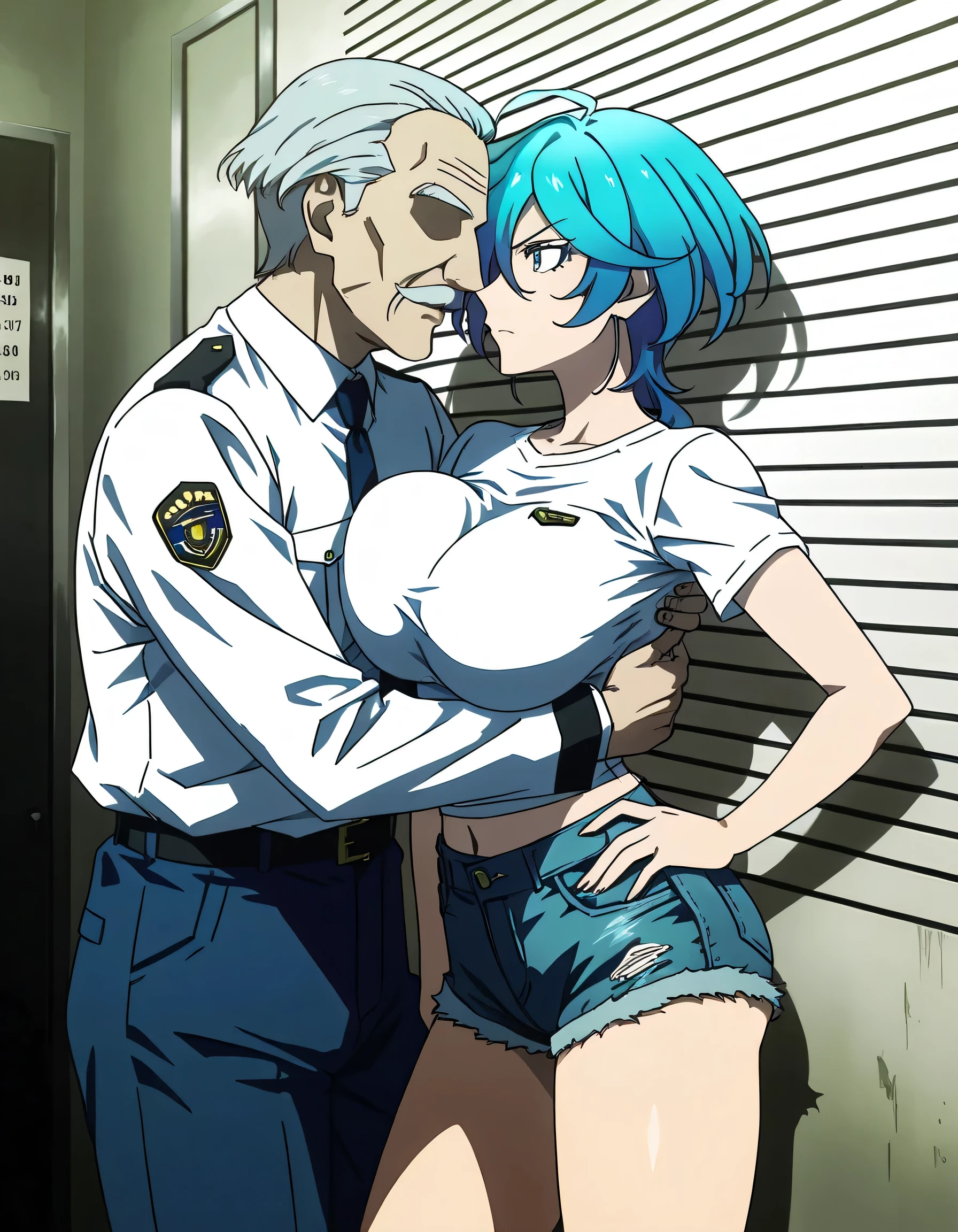 Isemi Tina , Blue hair, big breasts , white Tight T Shirt , denim shorts , hand on hip , casual stance , 1 man , old man , faceless , security guards uniform , hug , grabbing her vagina , face to face , mugshot room