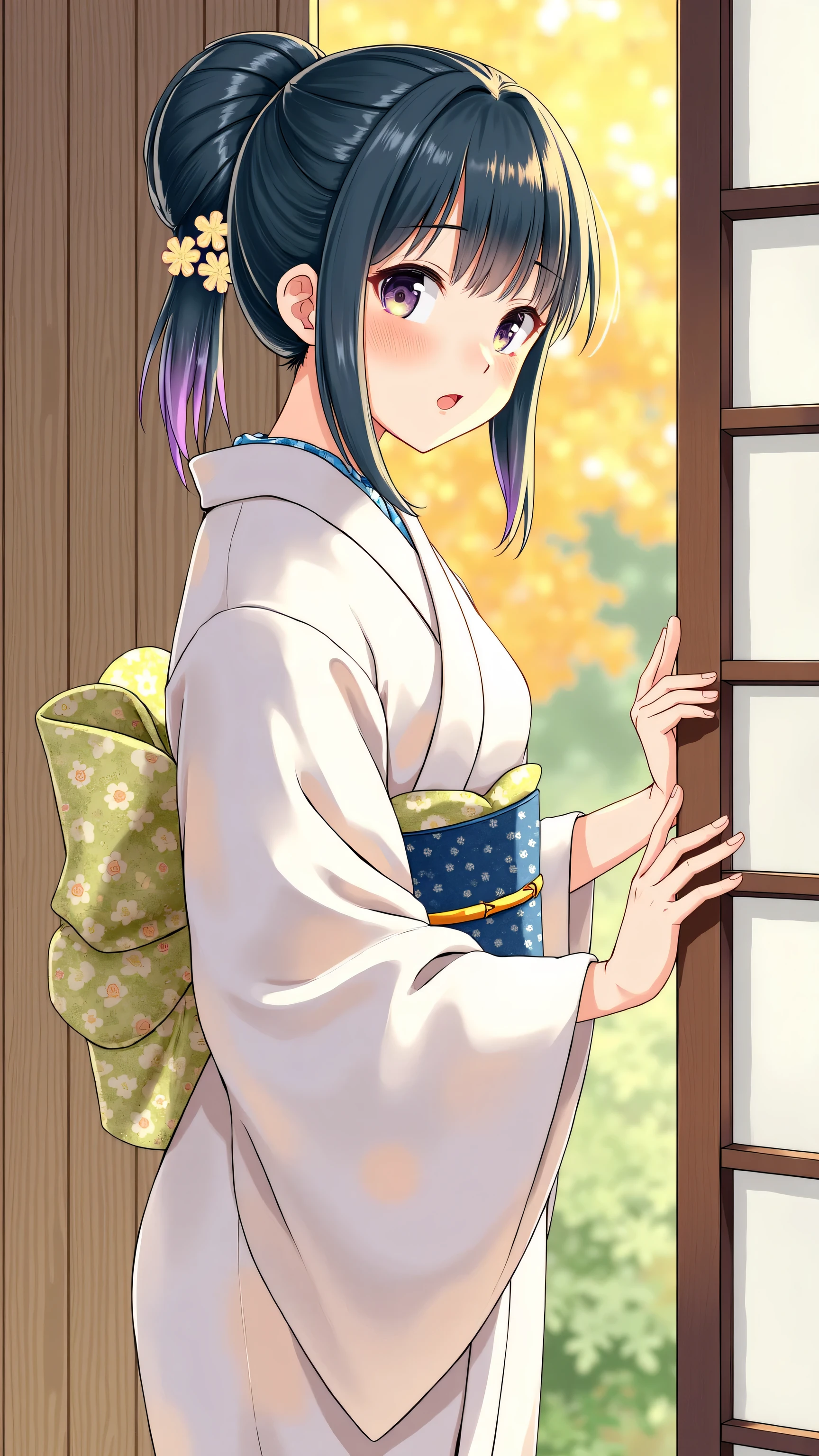  highdefinition images、Katsushika Hokusai manga(pretty eyes、Look at every detail、multi-colored hair below the arm)、 kimono that looks like a yukata 、Woman looking out of a window、葛飾北斎スタイルで火のように見える highdefinition images、Kimono beauty、顔のdetails、highest quality ukiyo-e、details、high resolution image beauty。