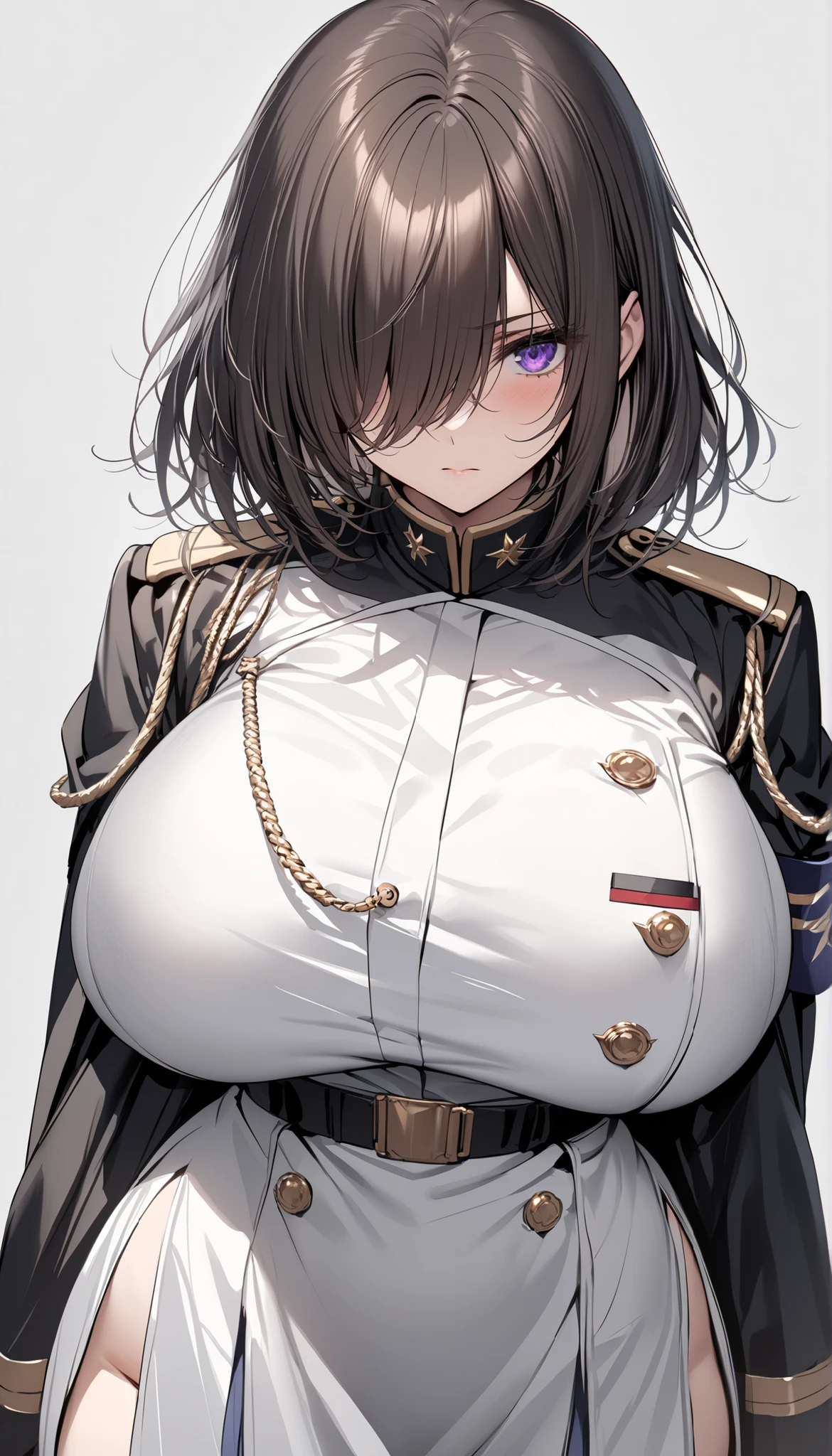 master piece,best quality,(super detail),perfect writing, Highly detailed CG,Super detailed,(highly detailed eyes,very cute face,highly detailed face:1.3),beautiful anime girl,(solo girl),(super huge breasts:1.6),(black hair,short hair,2 side up:1.3),(big yellow eyes:1.1),(low length),jitome,(serious expression),break,(Military costume,black military uniform,Black military cap:1.5),black pleated skirt,epaulettes,leather glove,Are standing,touching one's head,(Angle from below:1.2),