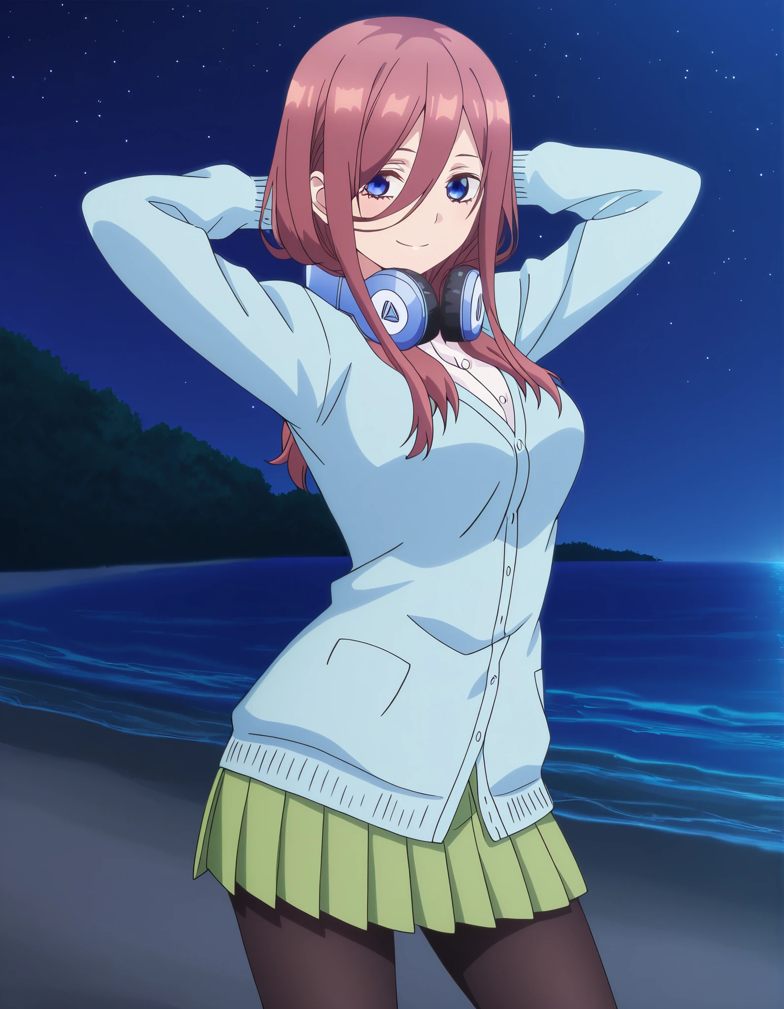 miku nakano, long hair, bangs, blue eyes, brown hair, hair between eyes, headphones, headphones around neck, mature female, breasts, anime screencap, skirt, shirt, long sleeves, white shirt, pantyhose, pleated skirt, black pantyhose, cardigan, green skirt, blue cardigan, anime screencap, high quality, solo, cowboy shot, (contrapposto), hands behind head, closed mouth, night sky, beach, looking at viewer, smile, best quality,