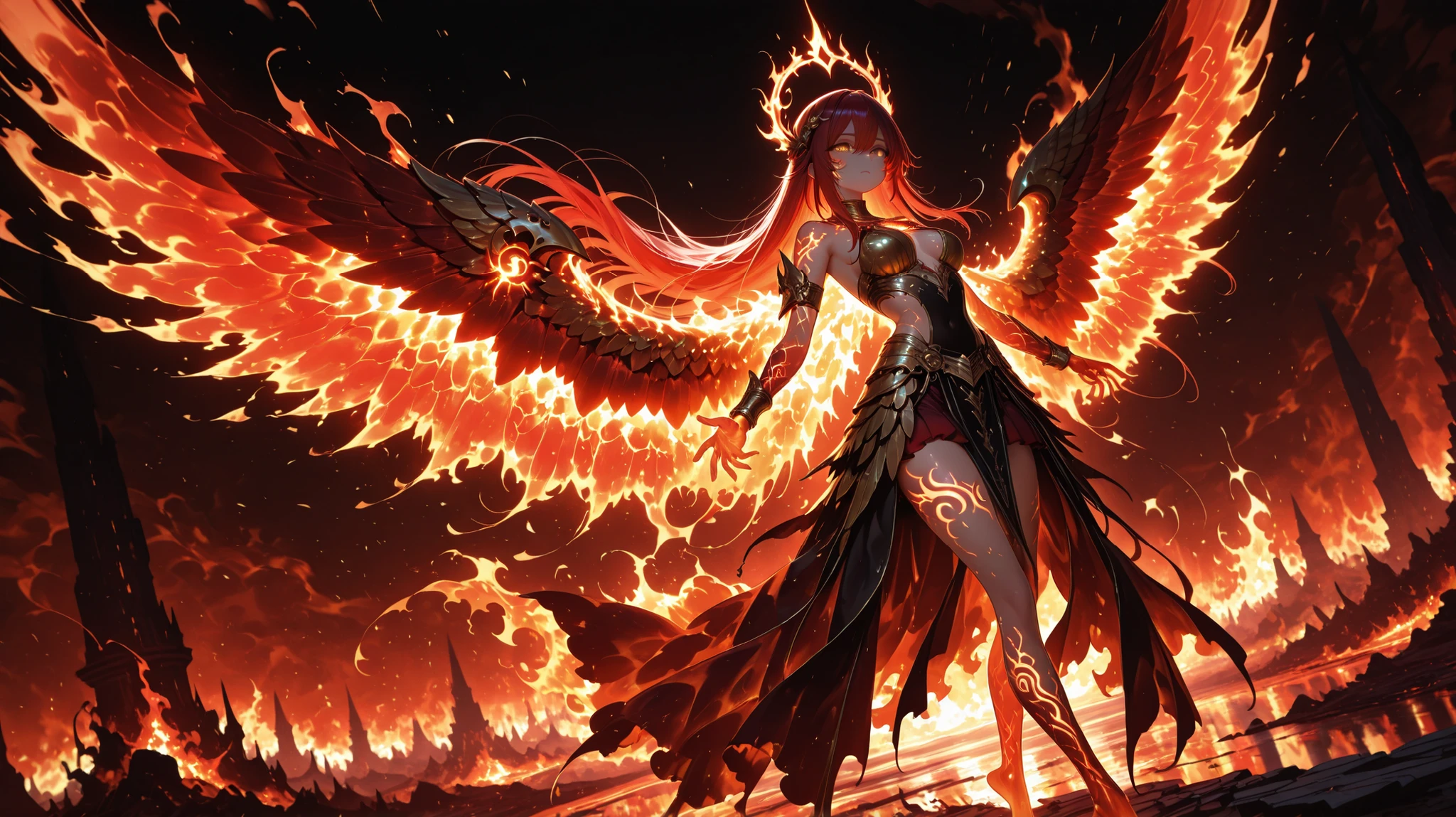 masterpiece, best quality, 4k, 1 girl , golden eyes , very long hair , long sidelocks, red hair , petite , very cute , beautiful ,Straight hair, cool, handsome, hair between eyes, medium breast,
 Goddess,   wearing feathered skirt, red and gold fantasy clothes, translucent wings, burning wings, semi_realistic, beautiful woman, detailed,  valorant style, concept art, game art, flat art, semi realistic paint, vibrant colors, digital paint, detailed clothes, cinematic lighting, dynamic pose, dynamic angle, dynamic lines, Glowing Tattoo, fire element, composed of fire elements, Best effect, Dream Scenery, Burning Landscape, Beautiful fire, burning mountains, perfect hands, perfect eyes, perfect feet, gold armbands, 