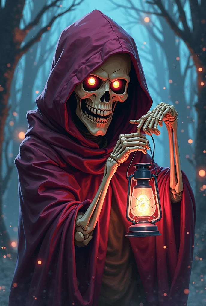 a detailed and realisitic image of a skeleton wizard, wearing black magic cloak and hood, wielding a red orbstaff, glare eyes, Casting red magic, cemetery in the background, night time, High definition, work of art, best qualityer, hyper detailled, ultra detaild, realisitic,