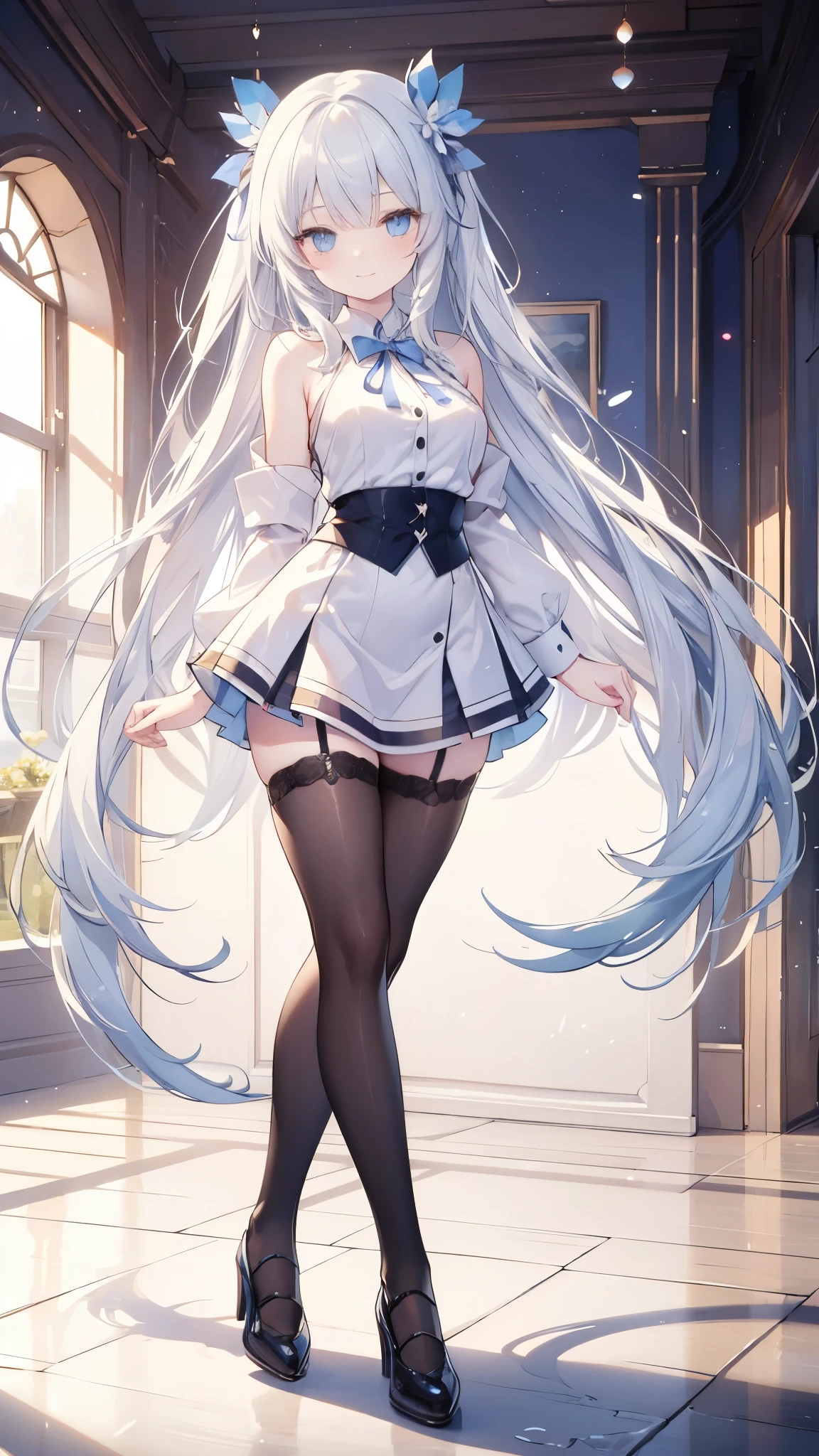 (((1 girl)),Ray Tracing,(Dim lighting),[Detailed Background (living room)),((Silver Hair)),(Silver Hair)),((Fluffy Silver Hair, Plump and slim girls)) Raised ponytail))) Avoid golden eyes in the ominous living room ((((The girl is wearing a white opaque shirt, Black wrinkled skirt and black transparent stockings), Showing off a delicate, slender figure and graceful curves, Correct limbs, Put your hands behind your head, Put your hands behind your head, Put your hands behind your head , Eye details, Beautiful Eyes, Delicate eyes, blue eyes