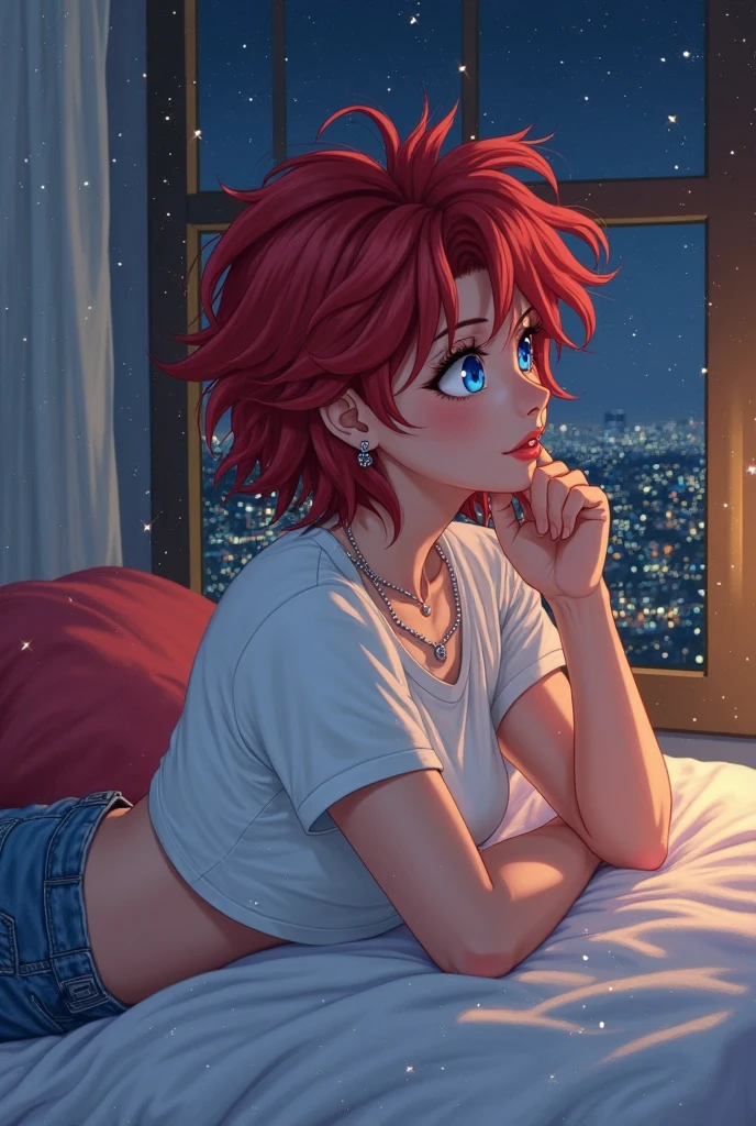 A young woman with Red hair, blue eyes, a T-shirt stood with her back turned half-face smoking a cigarette in his room at night.