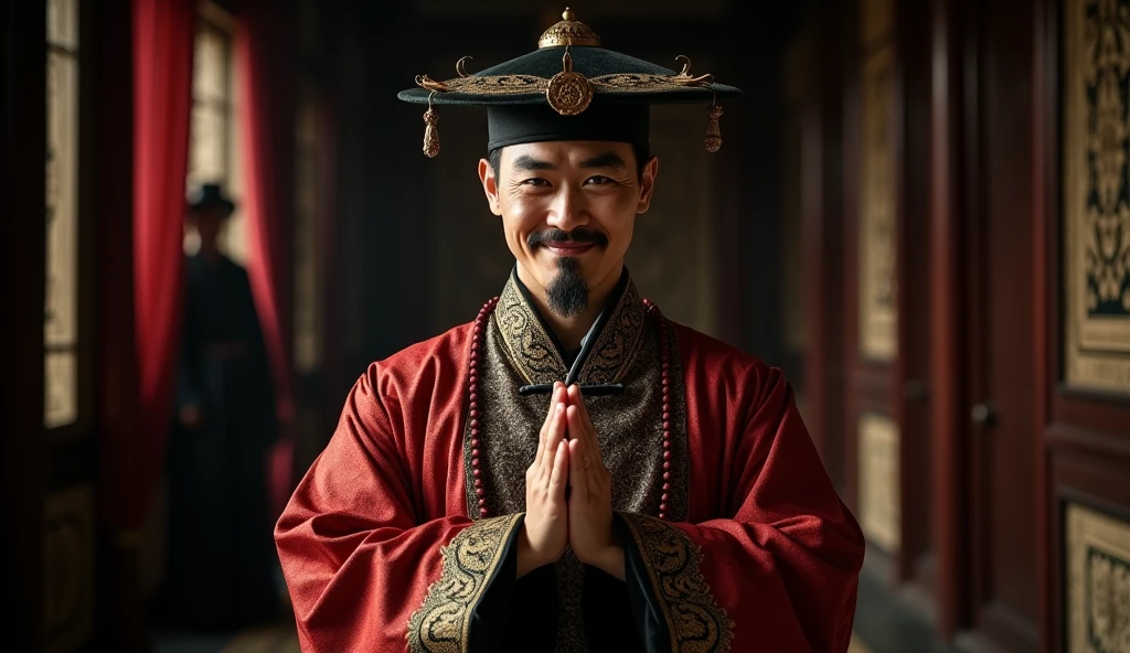 A man wearing traditional Chinese attire stands in front of a grey background, with his arms crossed. He is dressed in a yellow robe that has black stripes on the sleeve edges, and adorned with a circular symbol under the right arm. The symbol consists of a black circle with two lines through it beneath a yellow circle. On his head, he wears a black and white striped hat. In his right hand, he holds a brown wooden sword with intricate carvings, with the handle of the sword resting against his right shoulder and the tip pointing upwards. The overall appearance of the man exudes an air of confidence. <lora:dosifuku:0.75>,((â¯ï¸))