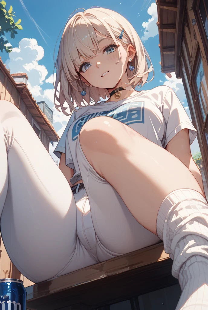 a beautiful girl with long white hair, grey hair accents, and kawaii features, with visible eyes partially covered by bangs, large breasts, yellow slanted eyes, long bangs covering one eyes, (Wearing a plain white loose t-shirt) (Wearing an open brown jacket) sitting pose Pose with both feet cupped falling pose, Free hand pose, Wearing loose socks, shiny black shoes, full body image with both hands in open pose, white background, image according to the tag. Wear short jeans