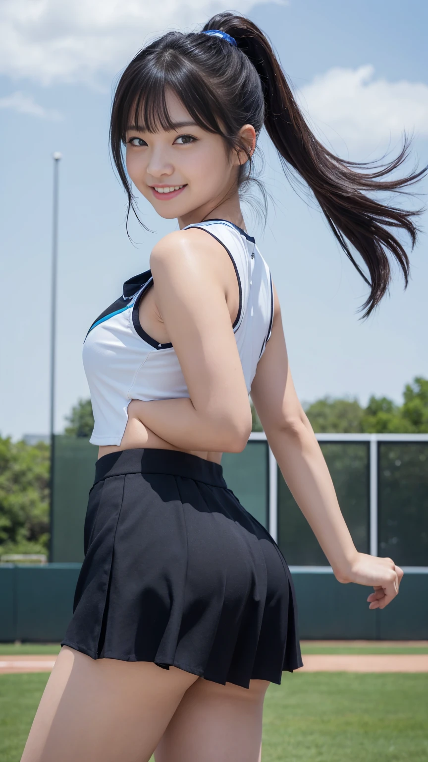 8K、Detailed Description、High definition、Realistic、Real、live-action、reality、High resolution、Nogizaka46、japanese idol,beautiful girl、21 years old、Sleeveless lacrosse uniform、Knee-up-top angle of view、Lacrosse court、sunny、Back view、Turn around, look at me and smile、Large mouth、Long Hair、Headband、Raise your bangs up、Black Hair、Flared mini skirt、Her skirt is turned up、Hair blowing in the wind、pretty girl、D cup breasts、Glowing Skin、Glowing Skin、Shiny Hair、Very white skin、Heavy makeup、Big Eyes、Double eyelids、