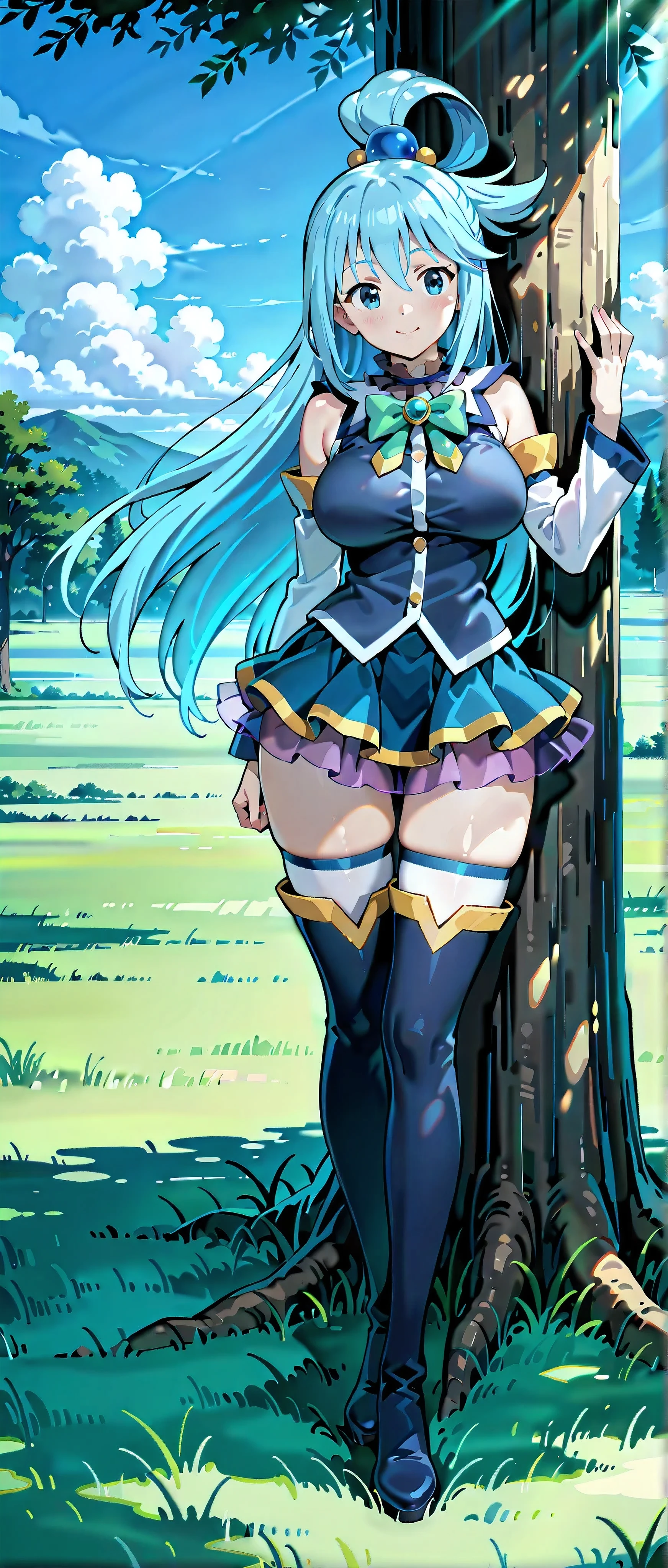 <lora:aqua:0.5>, 1girl, nsfw, aqua (konosuba), blue microskirt, green bow, blue shirt, detached sleeves, bare shoulders, hair rings, bangs, blue eyes, blue hair, blue thighhighs, boots, hair ornament, very long hair, no panties, single hair ring, sexy, skinny, huge ass, full body, from behind, looking back, looking at viewer, ;d, green meadow background, day, standing, hands on own hips, (legs apart:1.2)