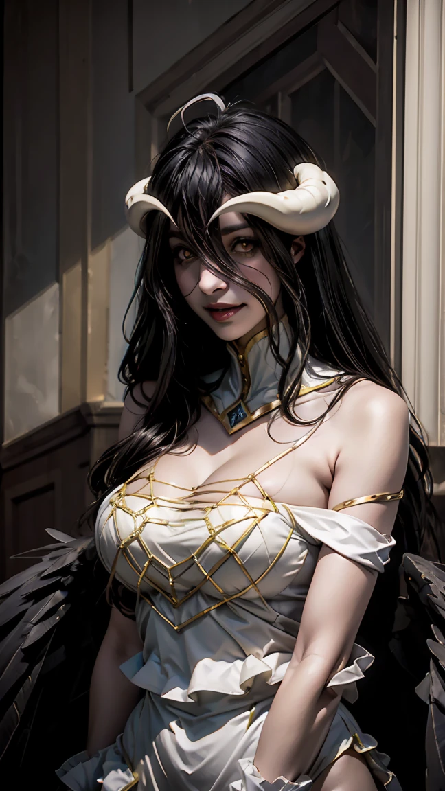 Albedo from overlord anime, perfect illustration, realistic, age 30, extreme detailed face, extreme pure white skin, yellow eyes, split pupils, dark black hair, perfect face, perfect shape body, above large breasts, white horns, black lower wings, white clothes covered upper body, 3d, detailed art, posing to viewer, medium far cowboy shot. decorated background, on a throne, In a room