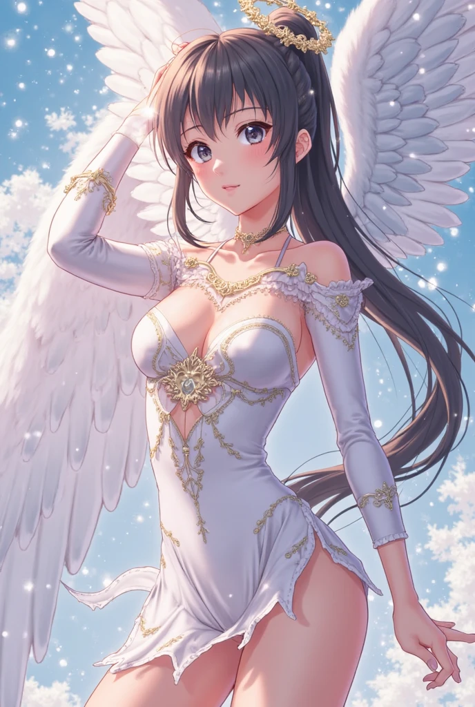  y, long hair, bighite dress, angel, sky, clouds, thin cloth, panties
