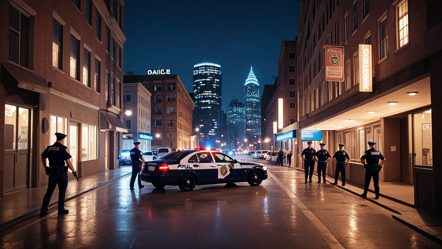 A realistic image of Officers Ariel Bellingham and Allison Pierz of the Miltona Police Department standing in front of a police car in Miltona, Minnesota. The officers are looking serious and tense, as if they are investigating a crime. The background is dark and ominous, creating a sense of suspense