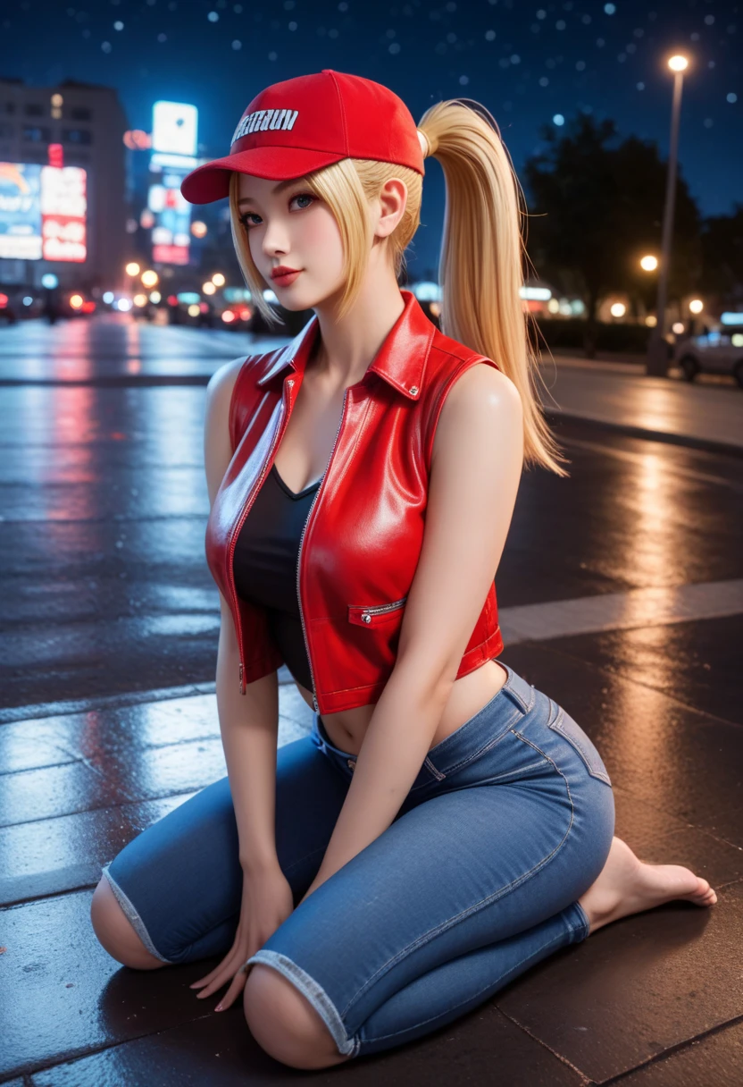 1girl, (Blue Eyes), seductive face, (Sana Minatozaki), wide hips, Big Boobs, big ass, (Best Quality, 8k, Masterpiece: 1.3), Clear Focus: 1.2, Perfect Body Beauty: 1.4 , Slender Abs: 1.2, Highly detailed face and skin texture, detailed eyes, double eyelids, (blonde ponytail hair), white top, (red vest :1.2), torn jeans, (red sports cap :1.3), walking, (in a night alley :1.1)