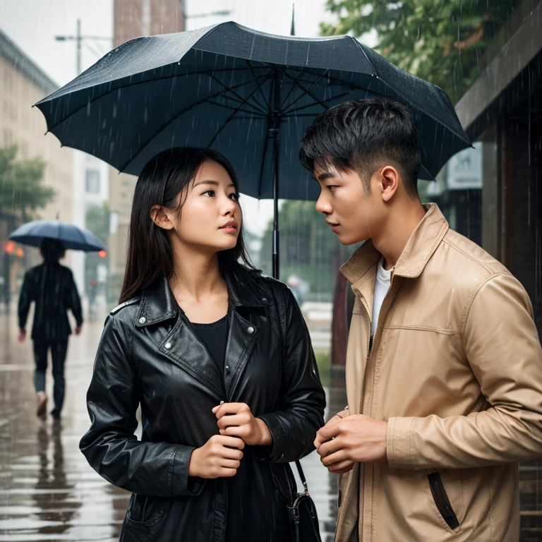 anime style, super fine illustration, highly detailed, dynamic angle, beautiful detailed, 8k, On the way home from school, in a rainy city, Taking a break A high school couple, a man and a woman, both under one umbrella. They are walking home. They look at each other and smile.