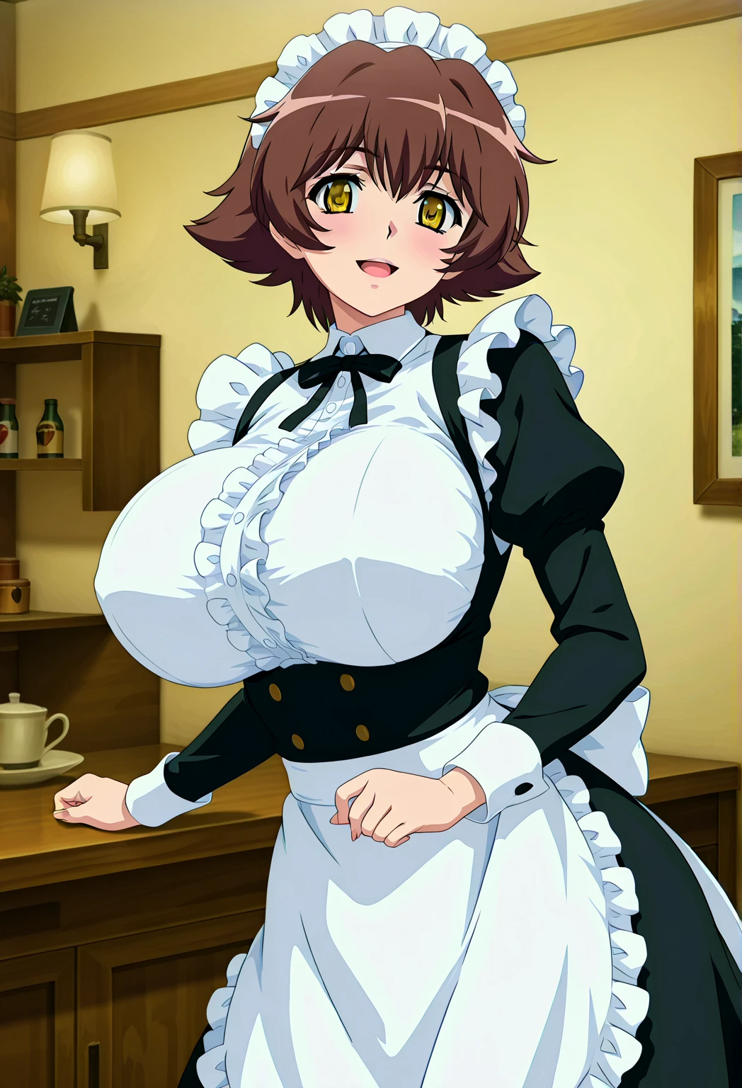 1solo girl female Roxxane, cute, maid victorian, maid apron, straight face, dazed, Body position: Standing, straight, symmetrical, barefoot, fluffy ears, milf bimbo lustful smirking smile red blush red cheeks, chain leash, kneeling, shackles, leather black collar slave, 2 high ponytails
