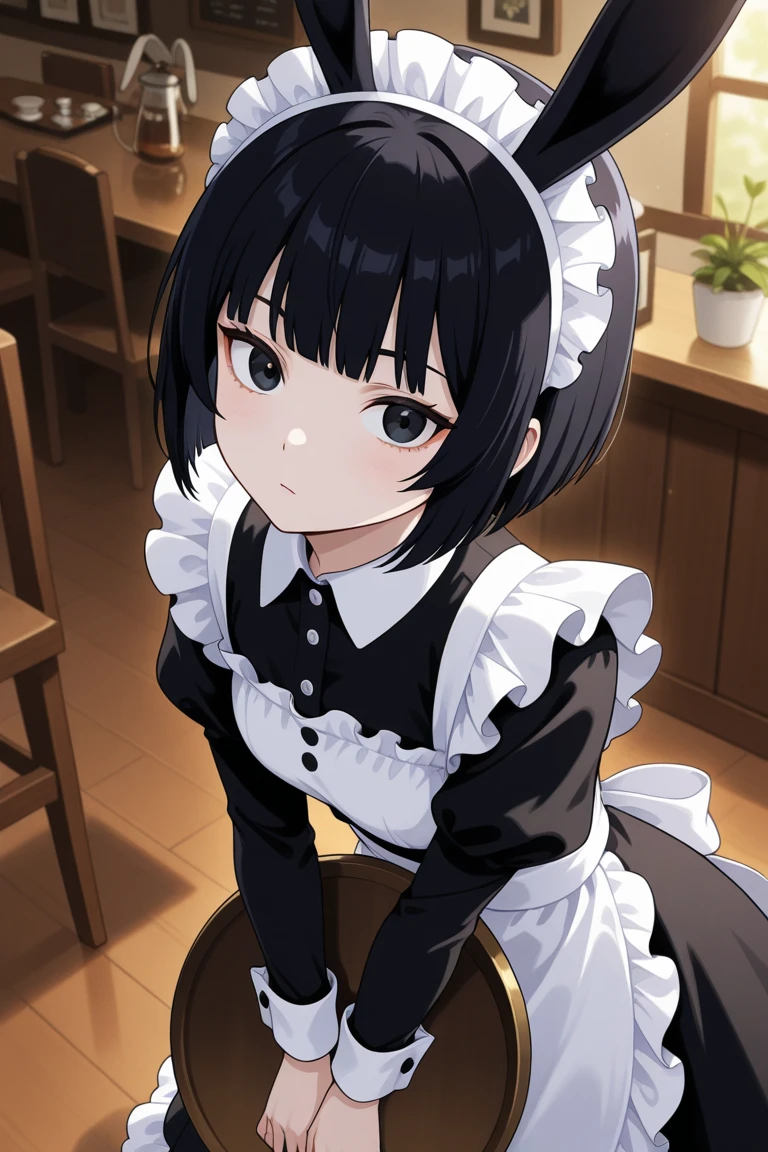 one woman、solo,Maya Hell,black eyes,dark hair,bob cut,Maid Outfit、White Apron、White Headdress、tray with rabbit ears、cafe